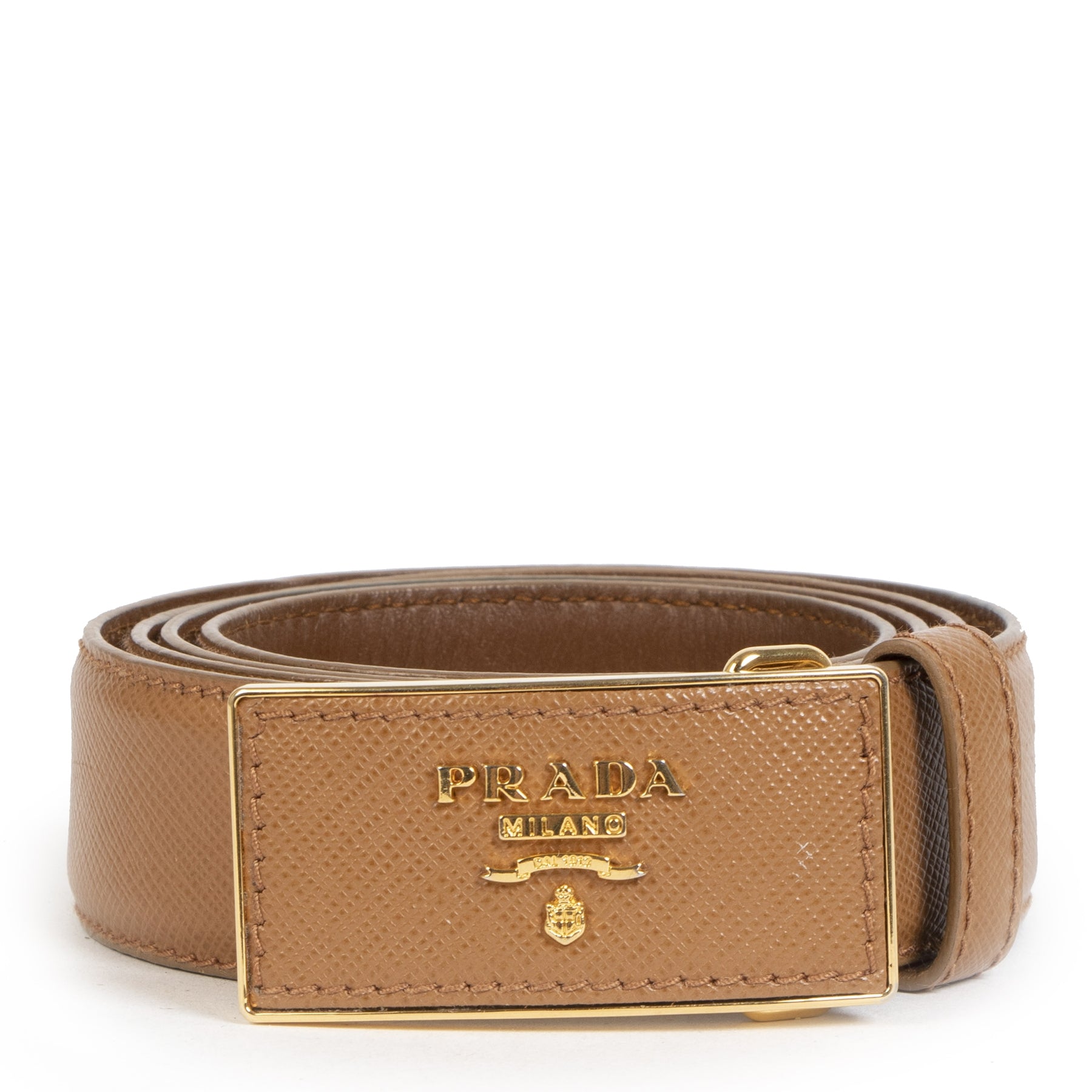 小物 90s prada l plate leather belt Prada Logo Plaque Camel Saffiano Belt - size 90 – Labellov