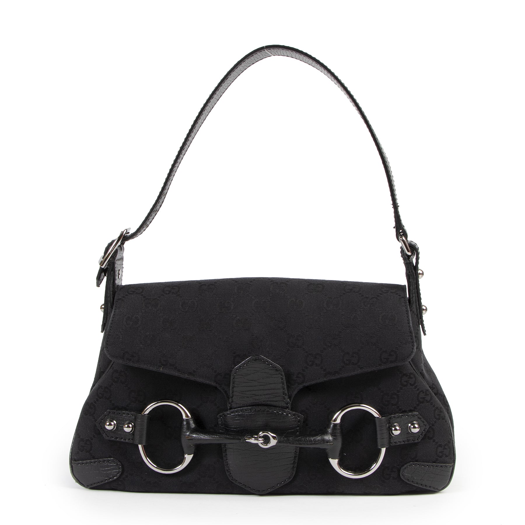 Gucci Black Monogram Canvas Horsebit Shoulder Bag – Labellov