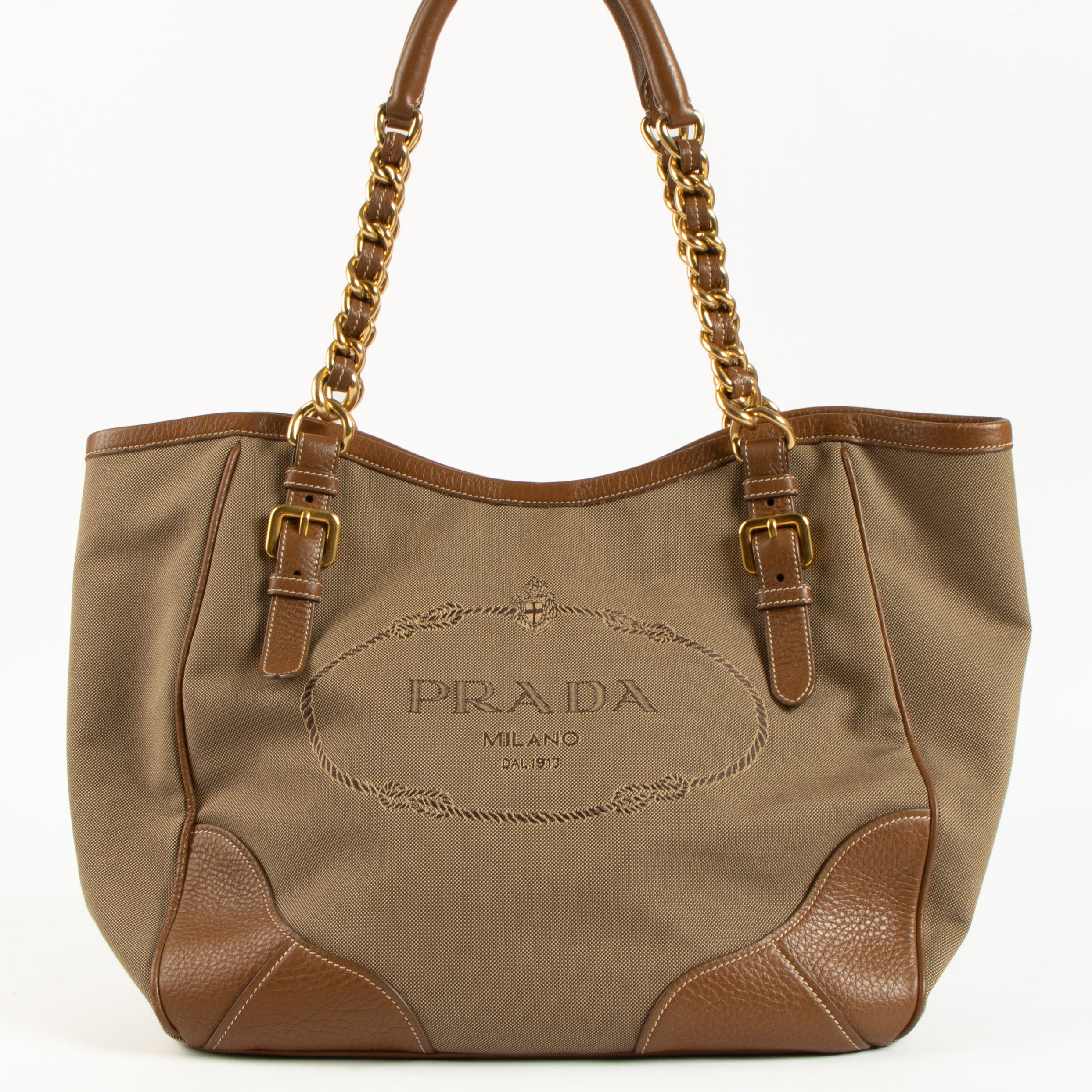 Prada Brown Logo Jacquard Canvas Chain Shoulder Bag – Labellov