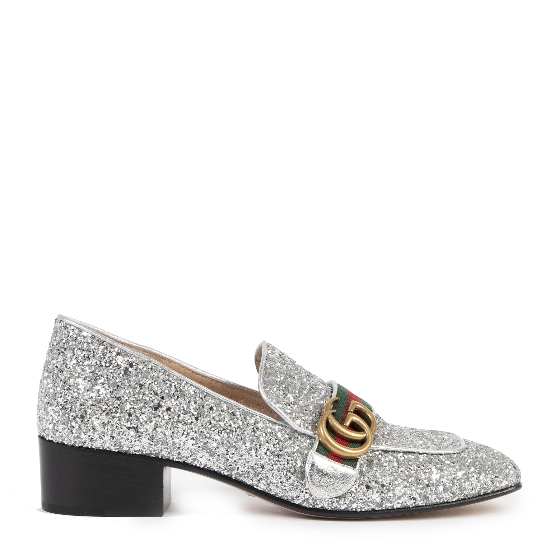 Gucci Marmont Mid-Heel Silver Glitter Pump - Size 39 – Labellov