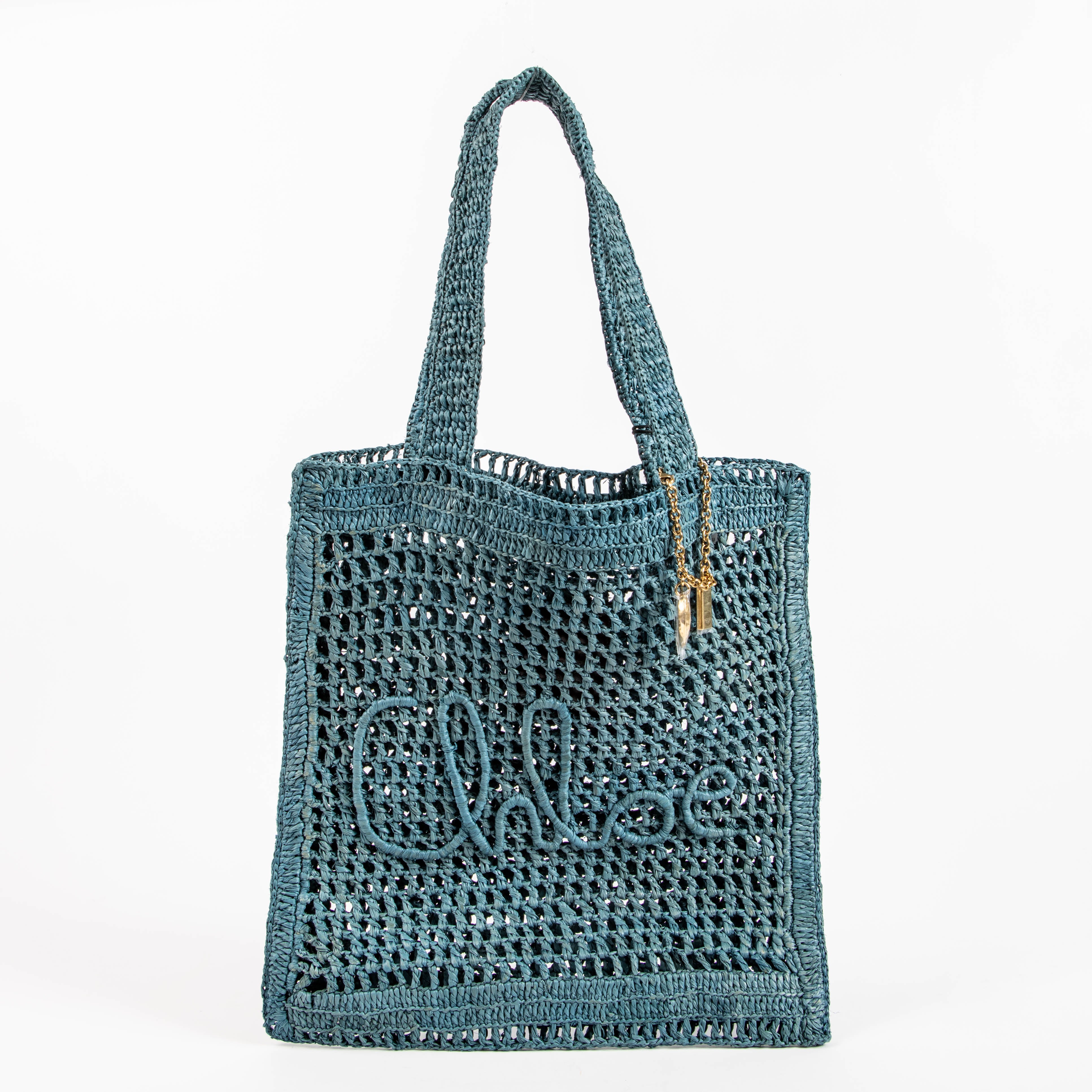 Chloe SUMMER BANANAトートバッグ(stormy sea) Chloé Stormy Sea Blue Raffia Summer Banana Tote Bag – Labellov