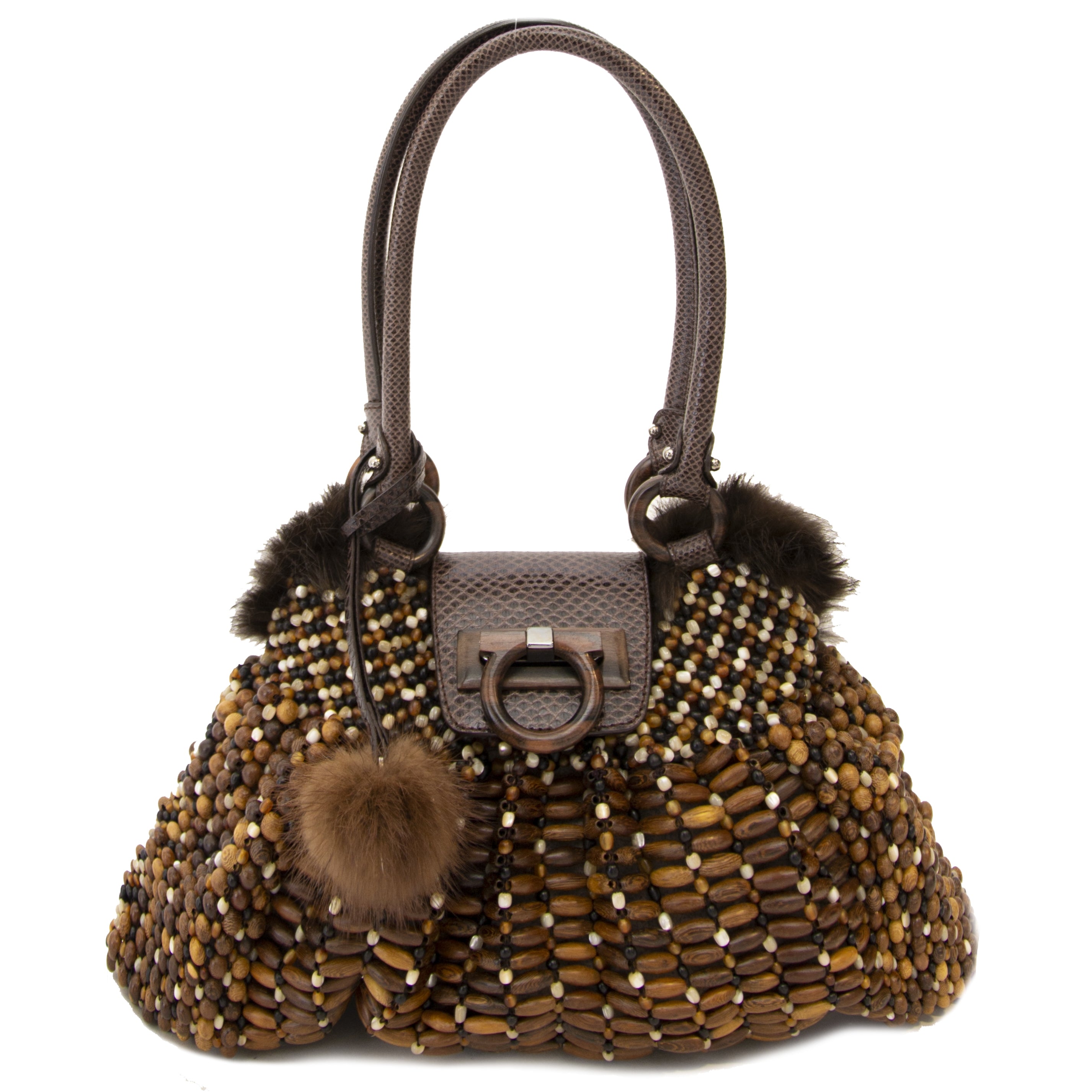 Salvatore Ferragamo Rare Wood Beaded & Mink Fur Hobo Bag – Labellov