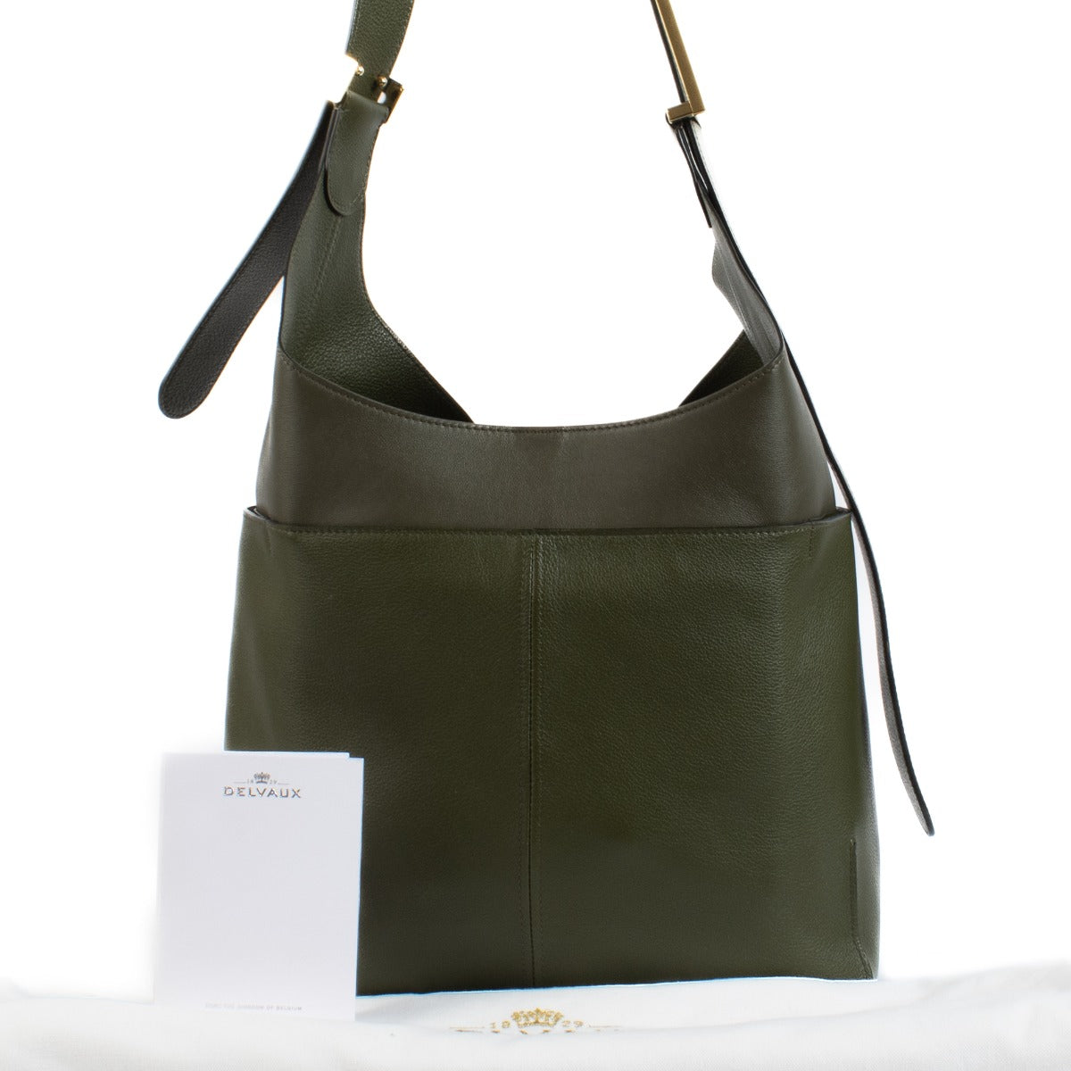 Shop safe online at Labellov in Antwerp, Brussels and Knokke this 100% authentic second hand Delvaux Kaki Calf Souple So Cool MM Shoulder Bag