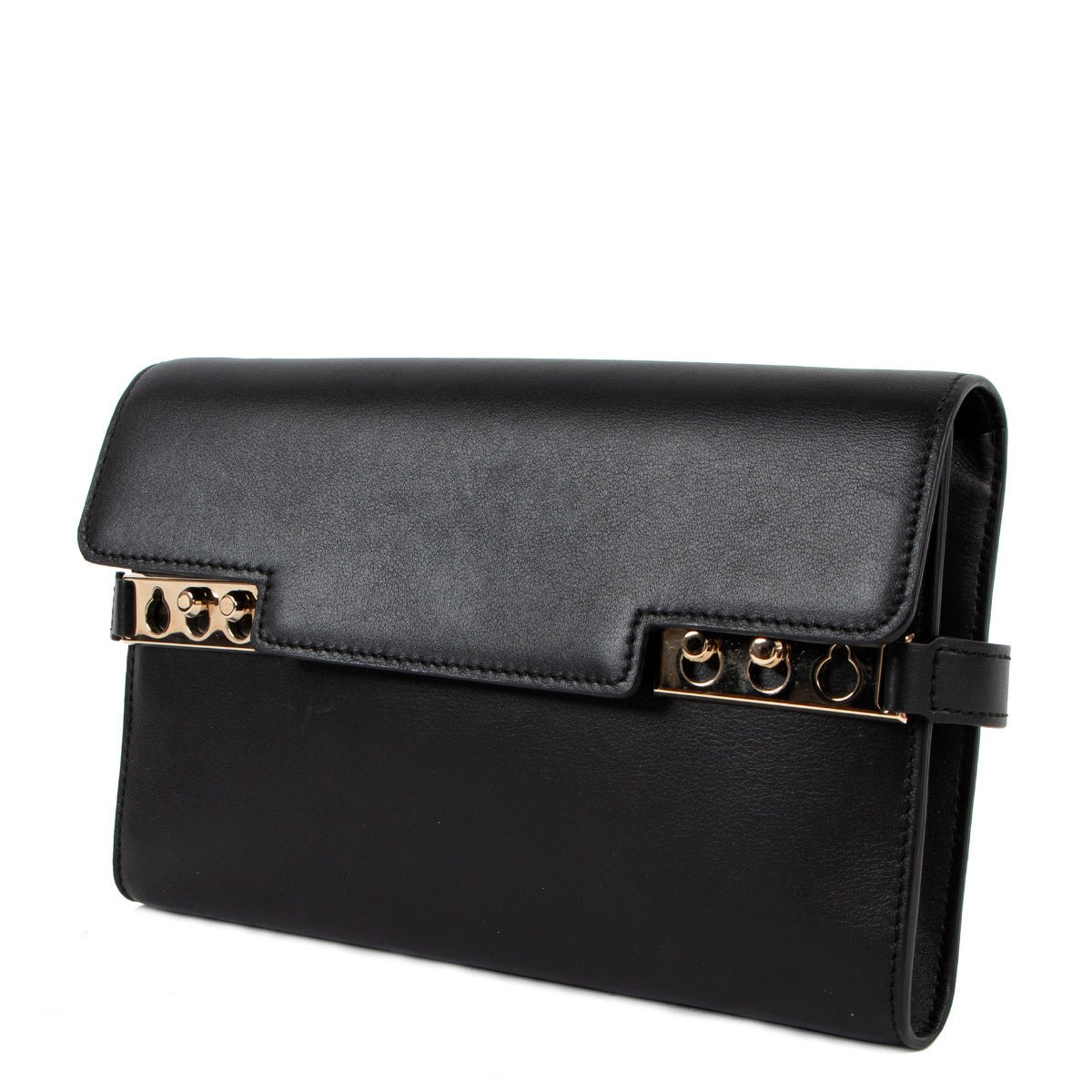 Delvaux Zwart Soepel Kalfsleer Tempête Clutch Portemonnee Aan Ketting