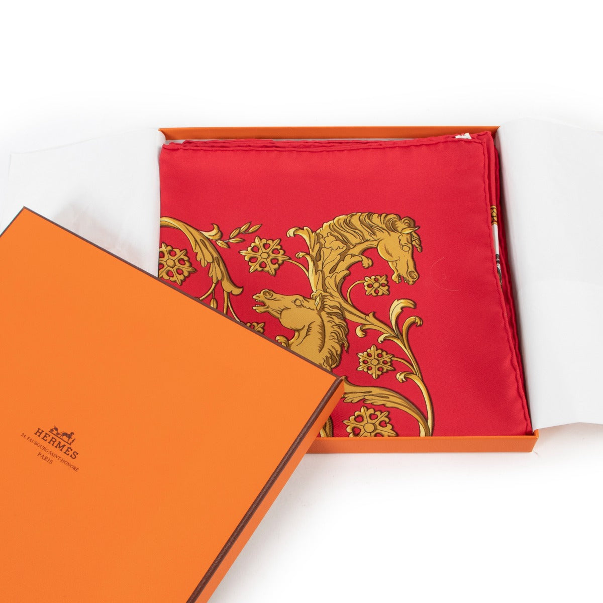 Hermès Red La Promenade De Longchamps Silk Carré Scarf