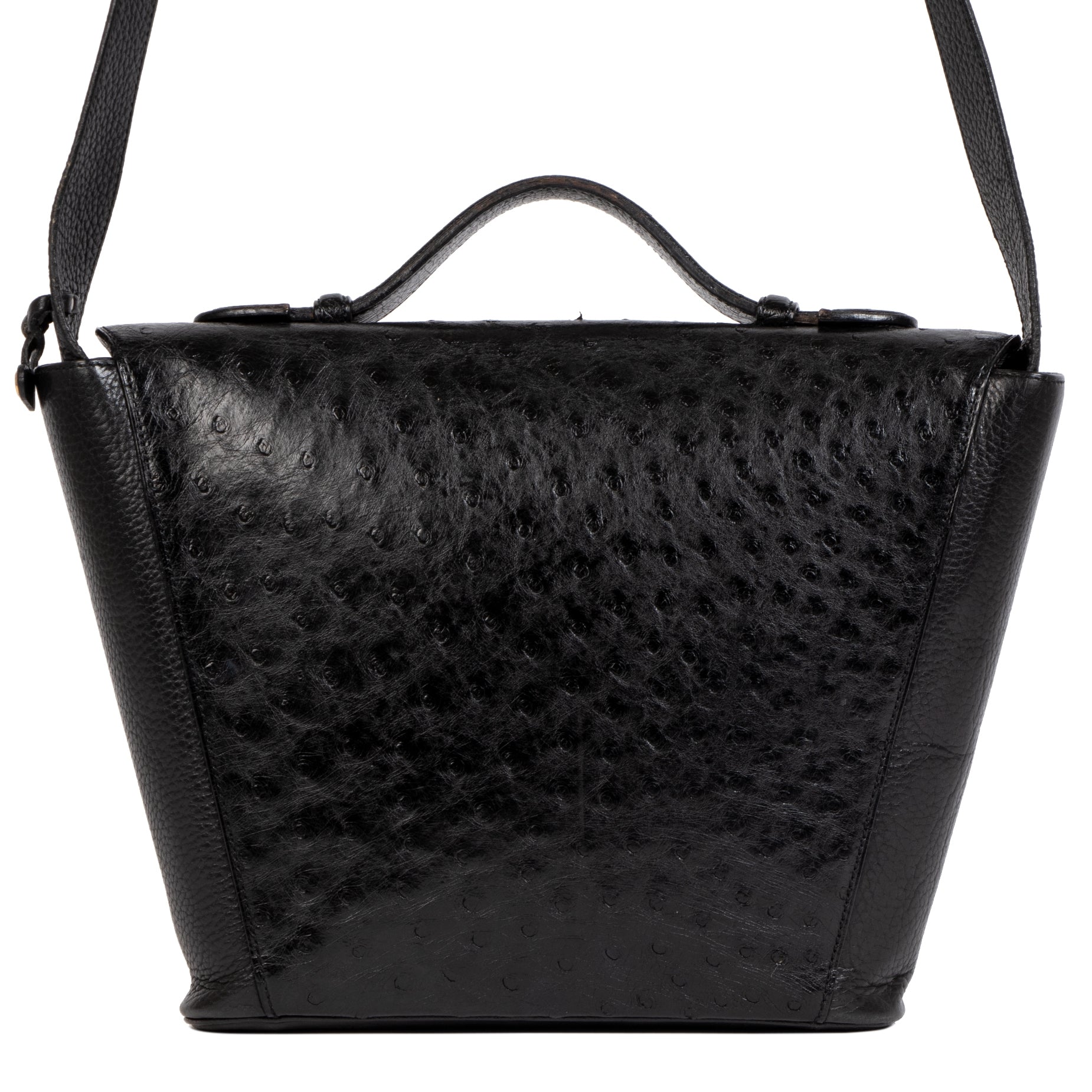 Authentieke tweedehands vintage Delvaux Black Ostrich Leather Crossbody Bag koop online webshop LabelLOV