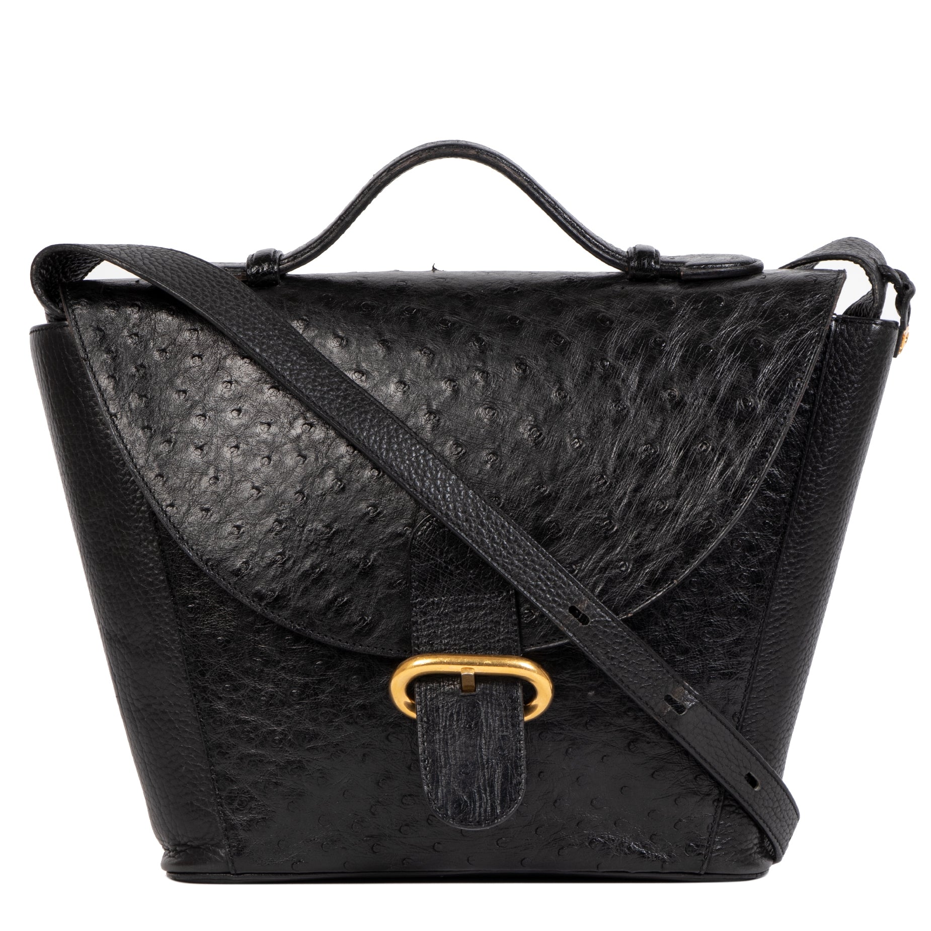 Authentic second-hand vintage Delvaux Black Ostrich Leather Crossbody Bag buy online webshop LabelLOV