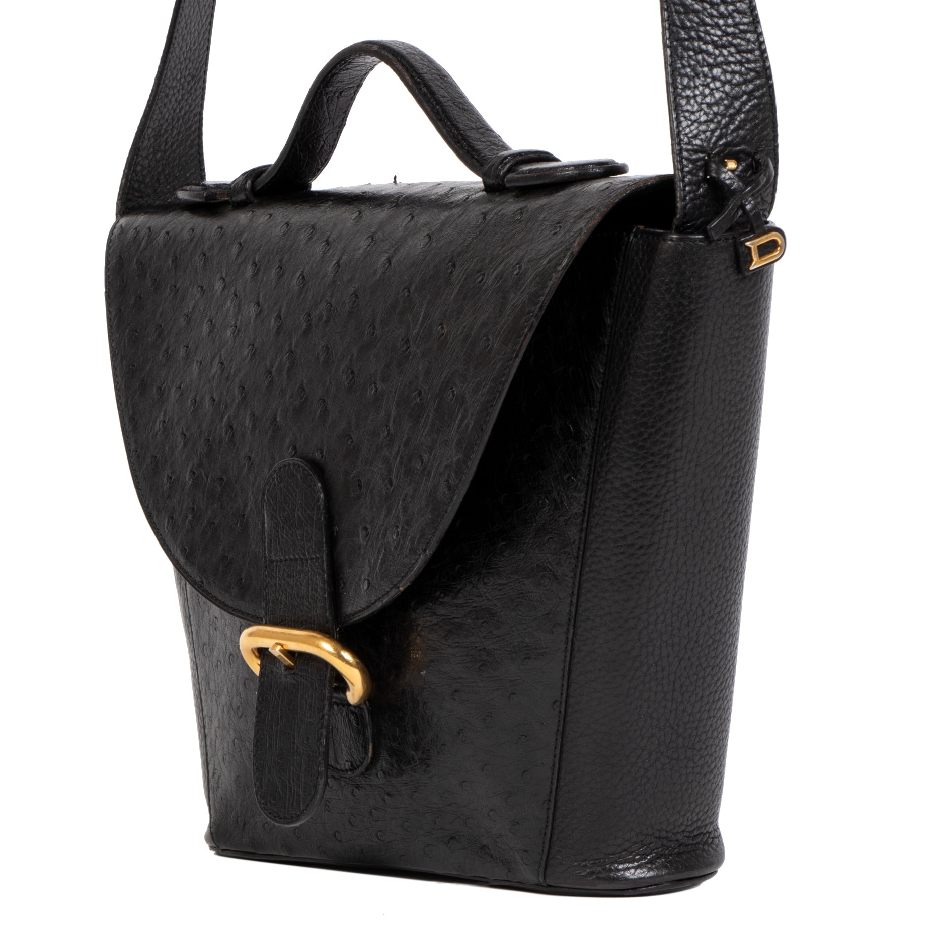 Authentique seconde-main vintage Delvaux Black Ostrich Leather Crossbody Bag achète en ligne webshop LabelLOV