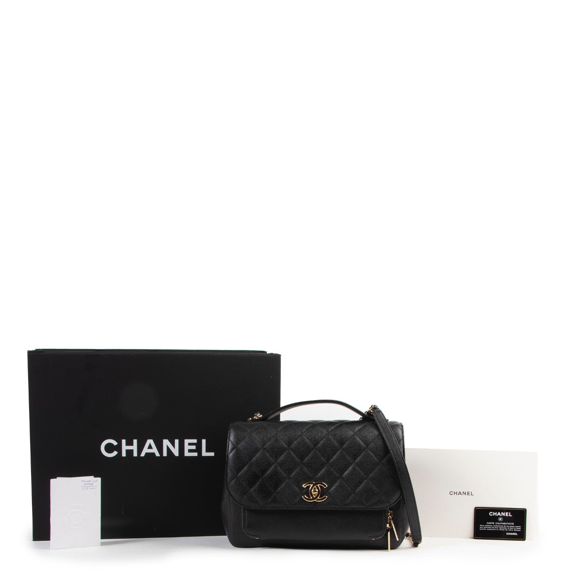 Veilig online kopen van authentieke Chanel Black Quilted Caviar Leather Flap Bag