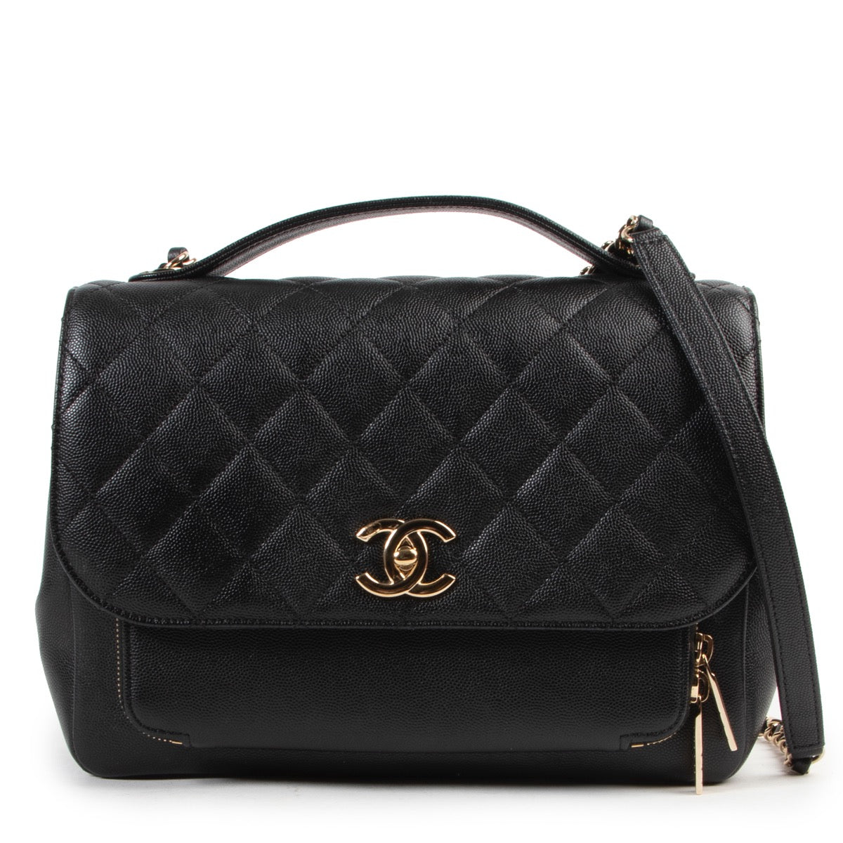 Shop safe online authentic Chanel Black Quilted Caviar Leather Flap Bag.