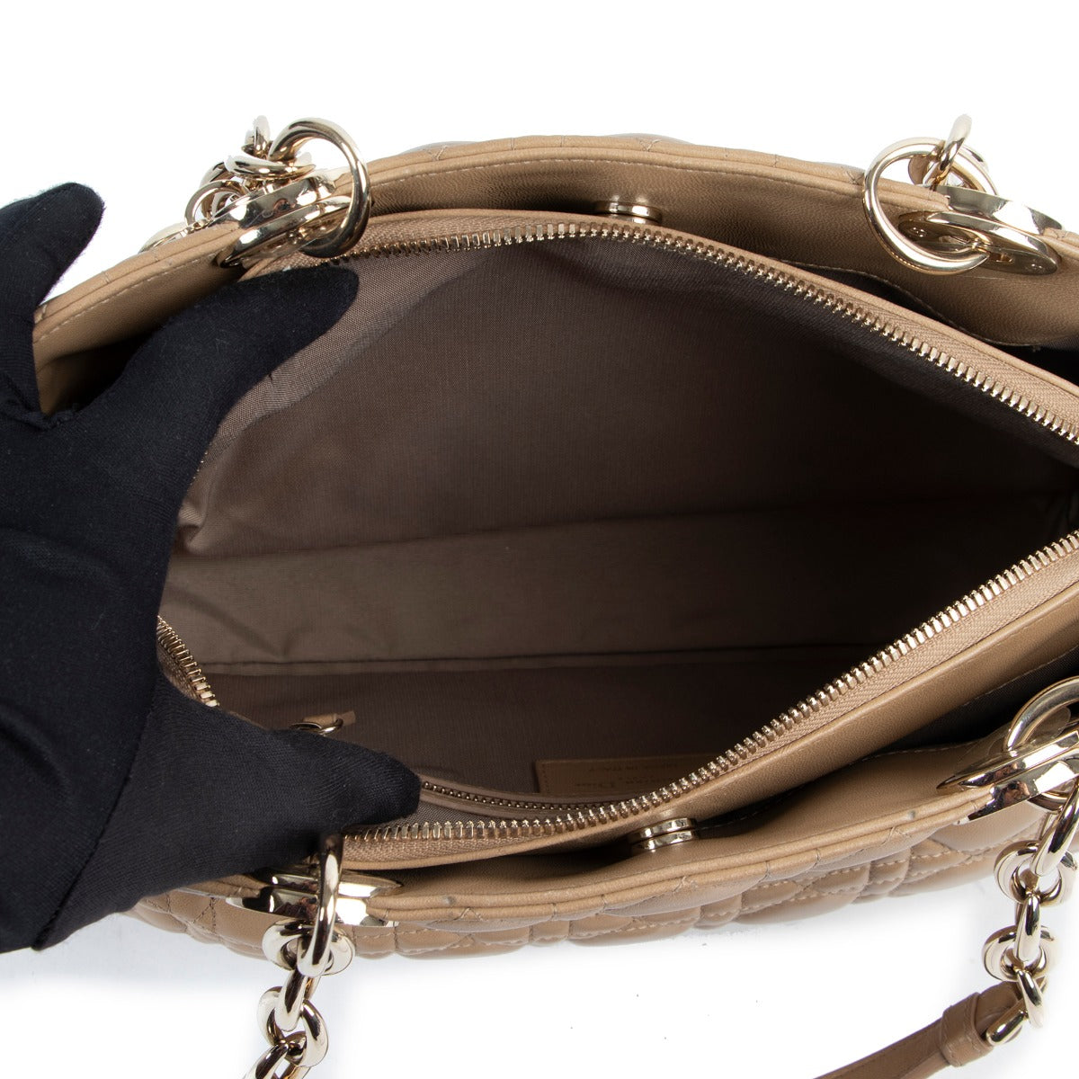 Original Christian Dior Quilted Satin Beige Lady Dior Shoulder bag in new condition now for sale on Labellov Luxury vintage shop for 2nd hand designer bags