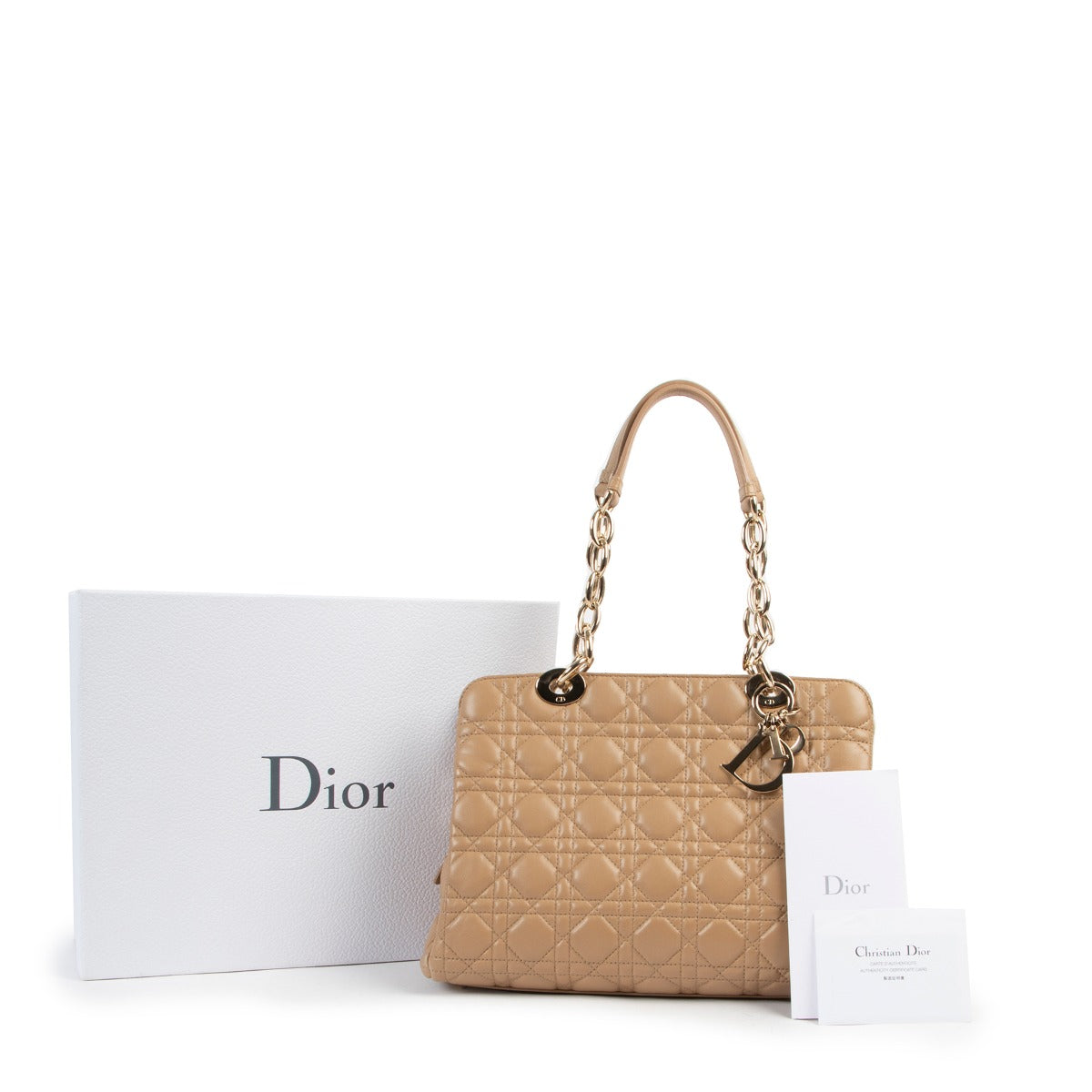 Original Christian Dior Quilted Satin Beige Lady Dior Shoulder bag in new condition now for sale on Labellov Luxury vintage shop for 2nd hand designer bags