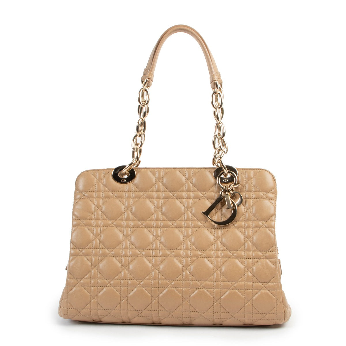 Original Christian Dior Quilted Satin Beige Lady Dior Shoulder bag in new condition now for sale on Labellov Luxury vintage shop for 2nd hand designer bags