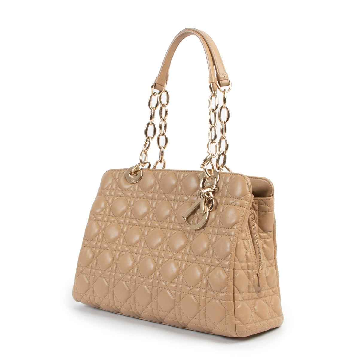 Original Christian Dior Quilted Satin Beige Lady Dior Shoulder bag in new condition now for sale on Labellov Luxury vintage shop for 2nd hand designer bags
