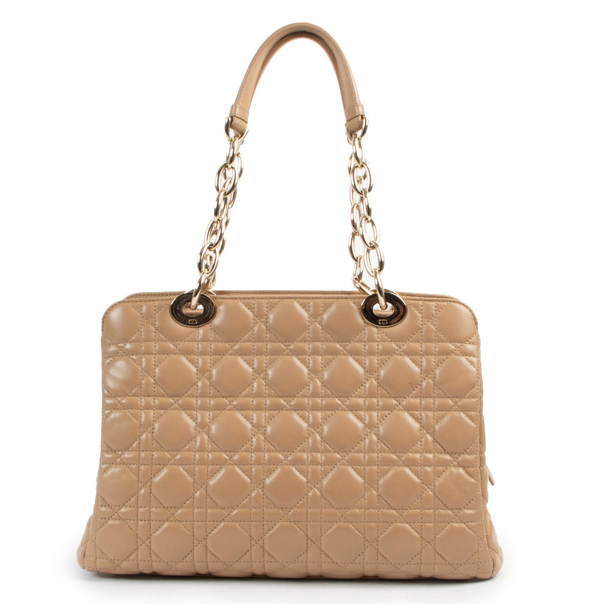 Original Christian Dior Quilted Satin Beige Lady Dior Shoulder bag in new condition now for sale on Labellov Luxury vintage shop for 2nd hand designer bags