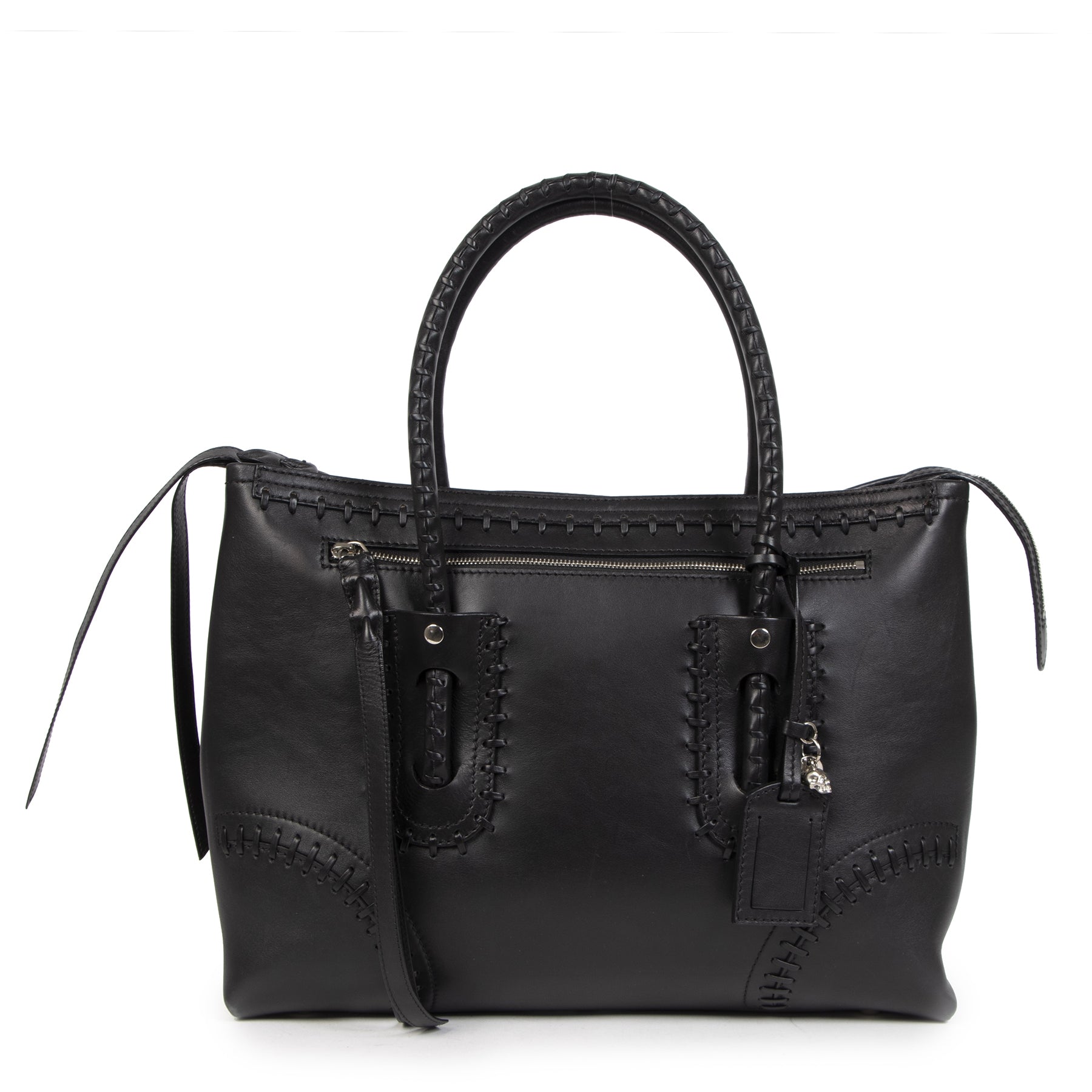 Authentic secondhand Alexander McQueen Black Whip Stitch Folk Tote Top Handle Bag designer bags fashion designer brands luxury vintage webshop safe secure online shopping worldwide shipping delivery