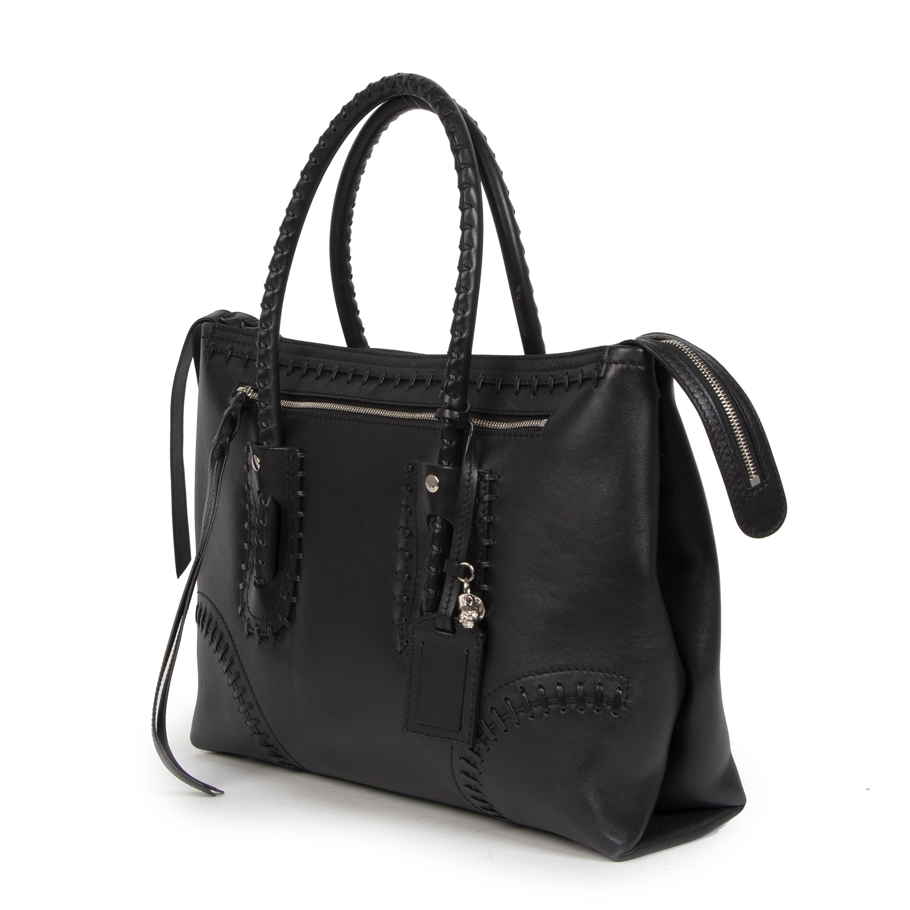 Authentic secondhand Alexander McQueen Black Whip Stitch Folk Tote Top Handle Bag designer bags fashion designer brands luxury vintage webshop safe secure online shopping worldwide shipping delivery