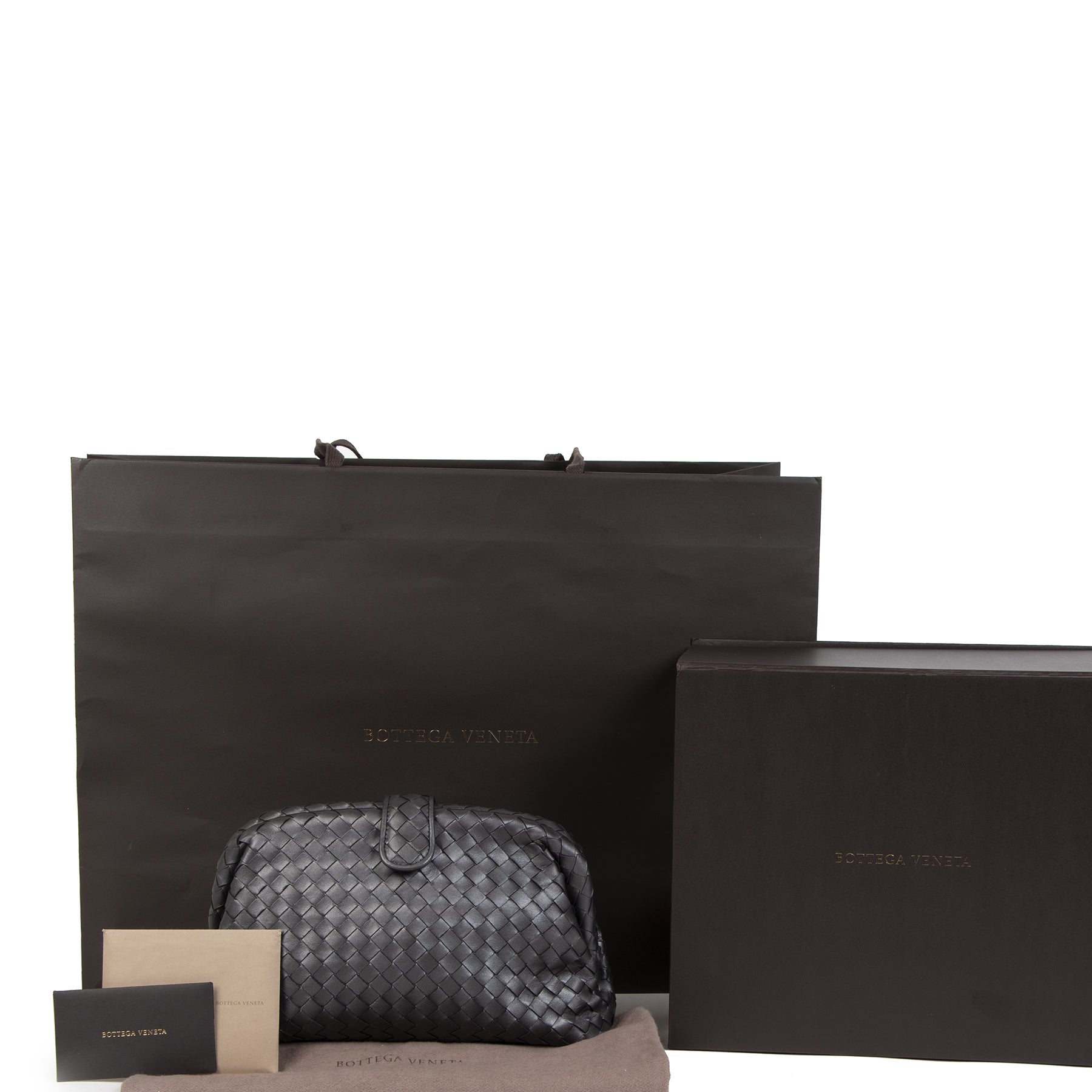Authentic secondhand Bottega Veneta The Lauren Grey Clutch designer bags designer brands luxury vintage webshop fashion safe secure online shopping worldwide shipping