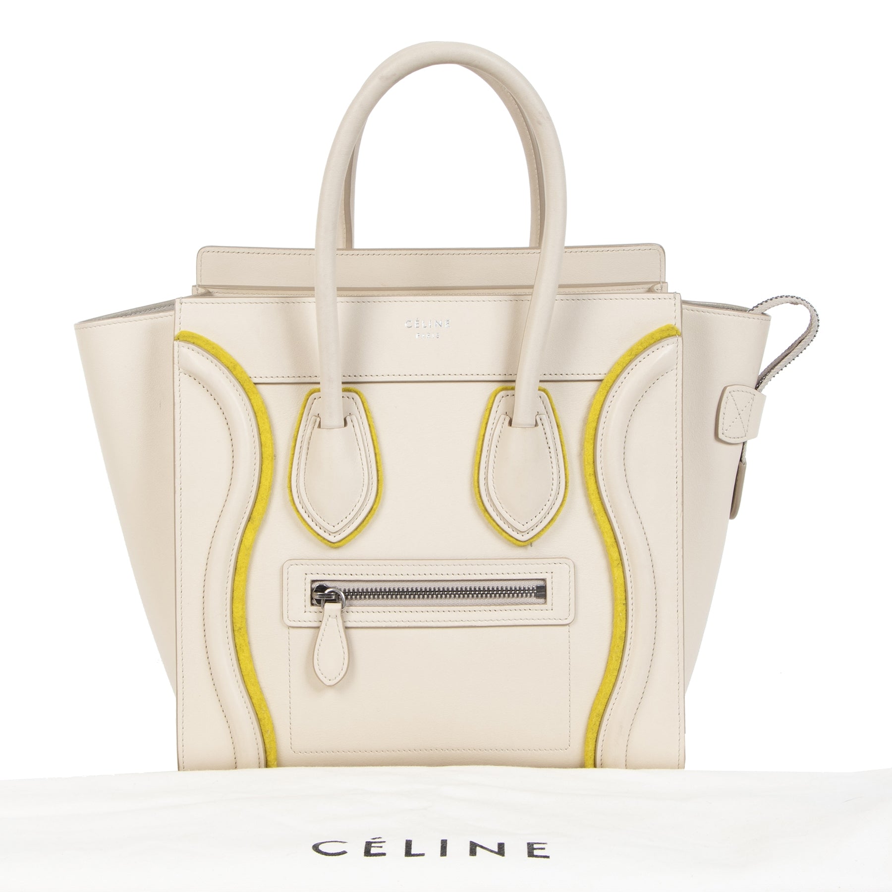 Authentic secondhand Céline Felt Beige and Yellow Leather Luggage Bag designer bags fashion luxury vintage webshop safe secure online shopping worldwide shipping