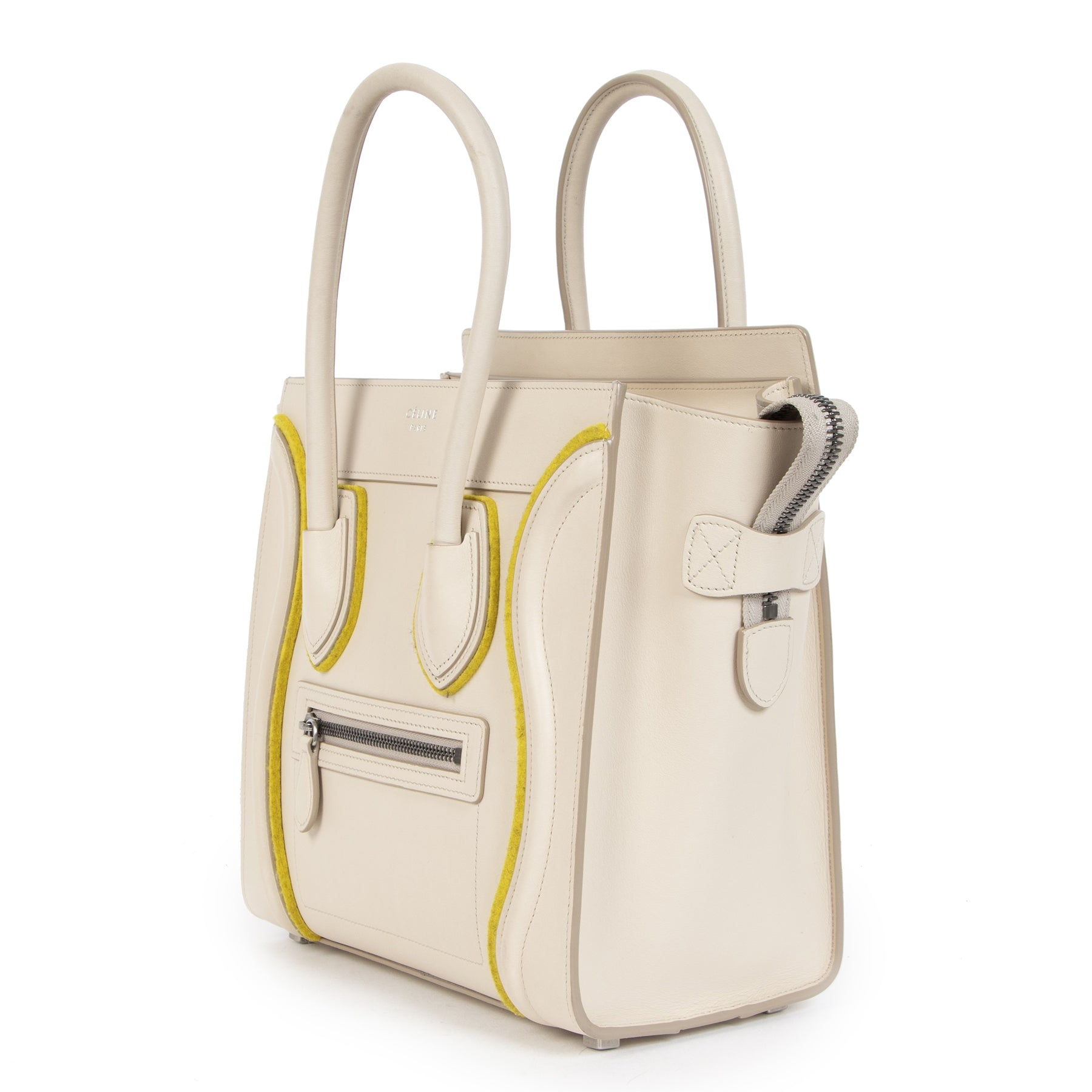 Authentieke Tweedehands Céline Felt Beige and Yellow Leather Luggage Bag juiste prijs veilig online shoppen luxe merken webshop winkelen Antwerpen België mode fashion