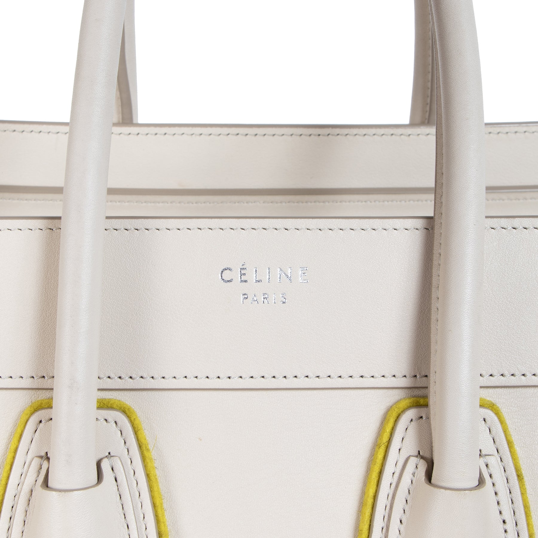 Authentieke Tweedehands Céline Felt Beige and Yellow Leather Luggage Bag juiste prijs veilig online shoppen luxe merken webshop winkelen Antwerpen België mode fashion