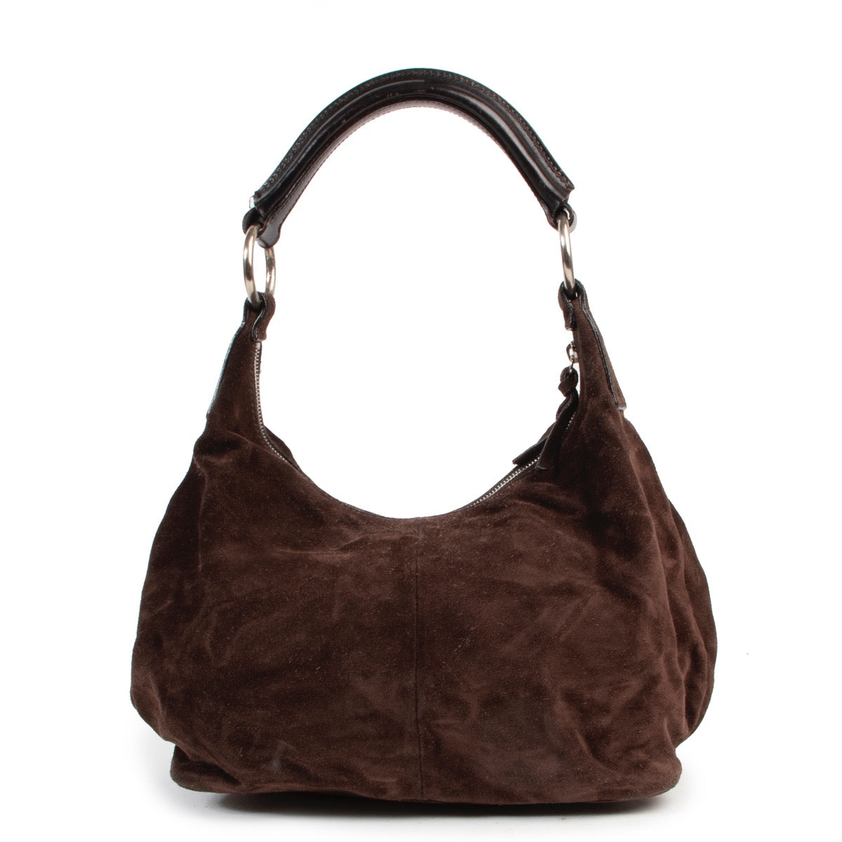 Veilig online kopen van een authentieke tweedehands Miu Miu bruine suede handtas.