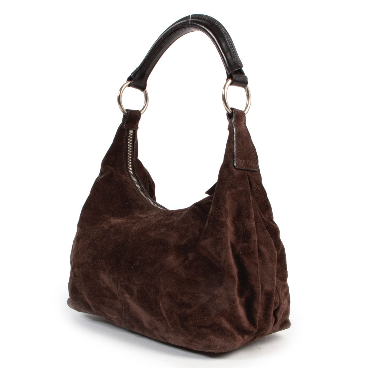 Veilig online kopen van een authentieke tweedehands Miu Miu bruine suede handtas.