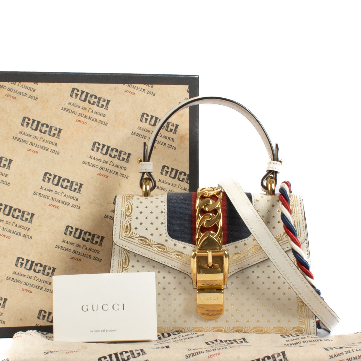 Shop safe online at Labellov in Antwerp, Brussels and Knokke this 100% authentic second hand Gucci Off White Star Print Mini Sylvie Top Handle Bag