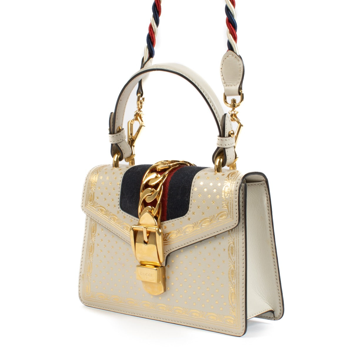 Shop safe online at Labellov in Antwerp, Brussels and Knokke this 100% authentic second hand Gucci Off White Star Print Mini Sylvie Top Handle Bag