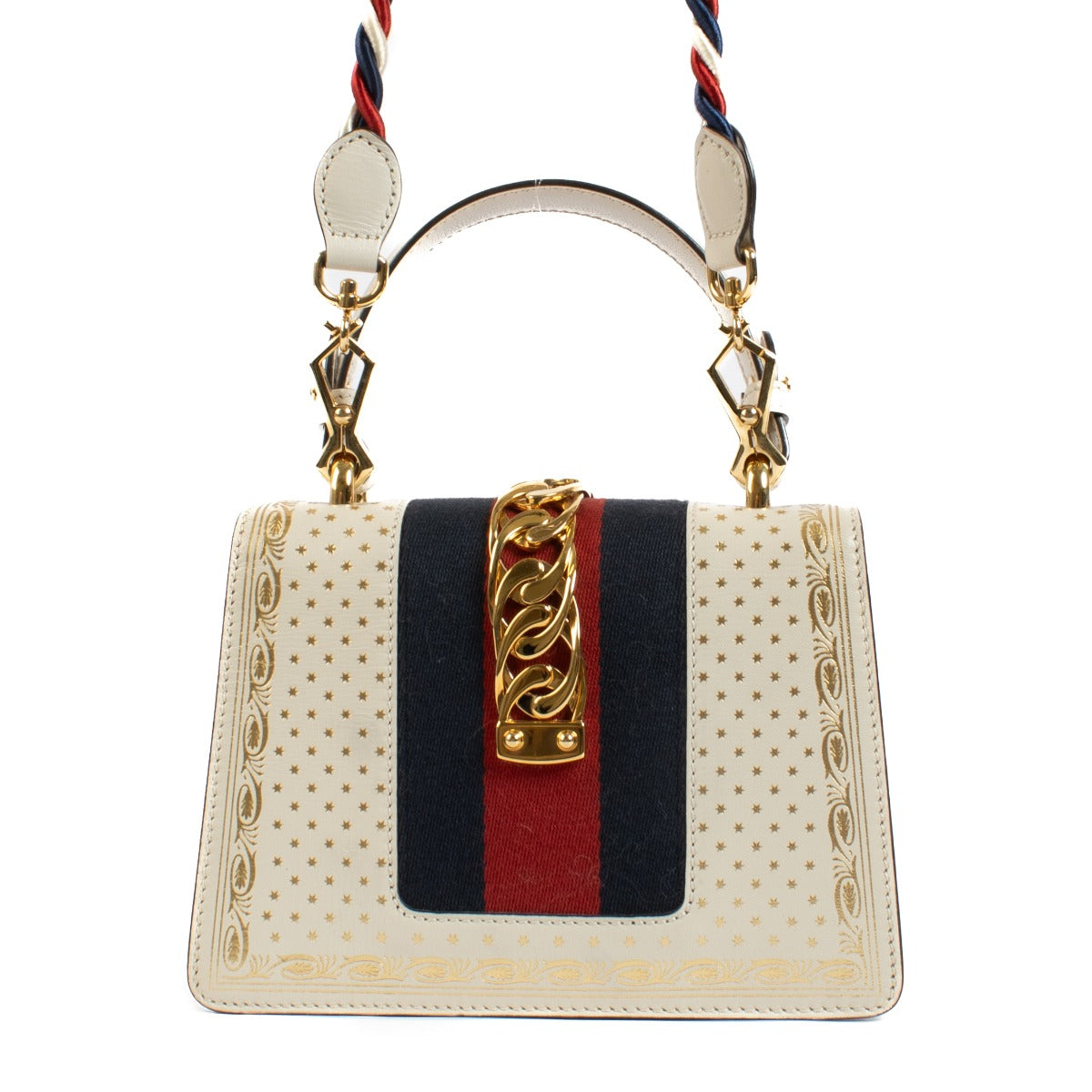 Shop safe online at Labellov in Antwerp, Brussels and Knokke this 100% authentic second hand Gucci Off White Star Print Mini Sylvie Top Handle Bag