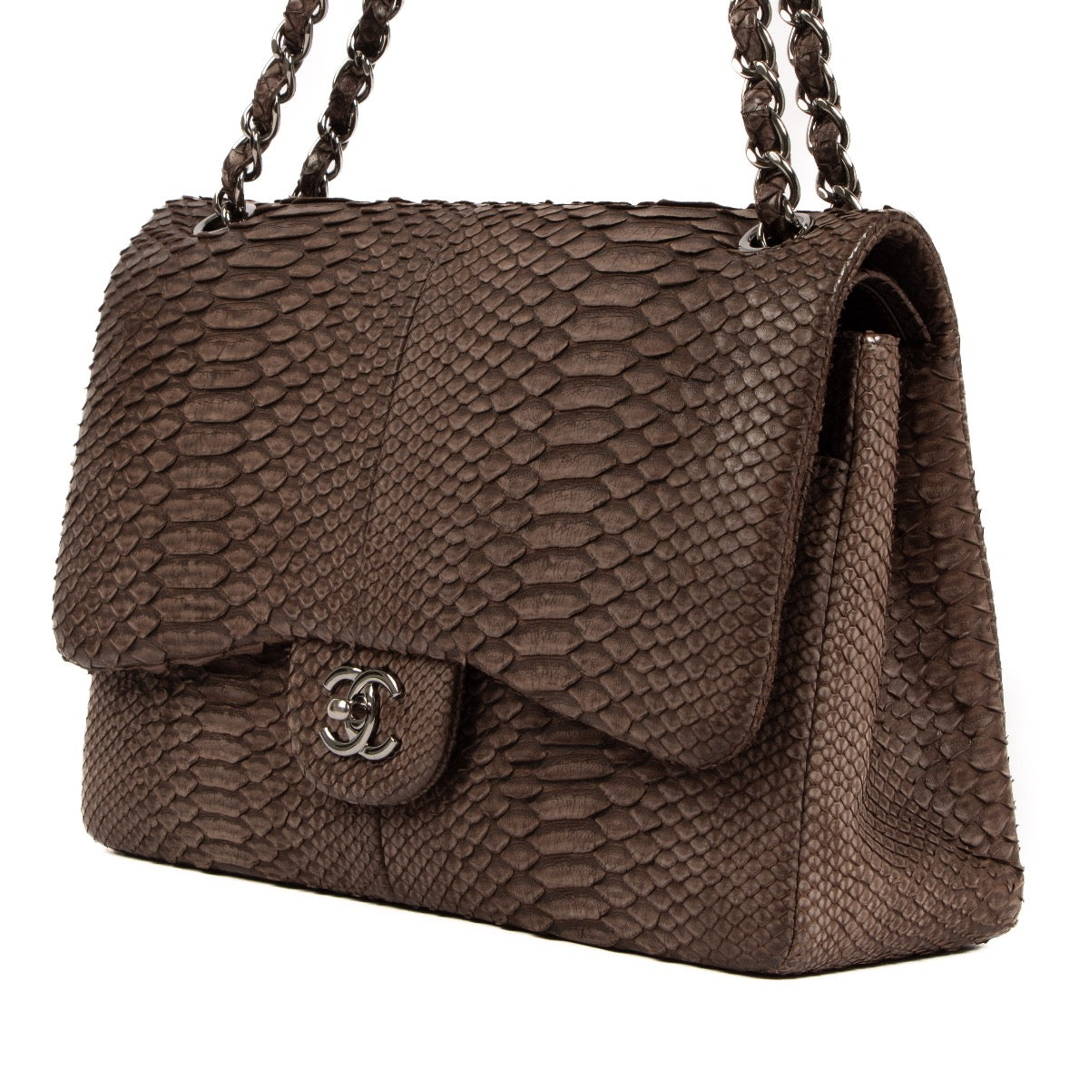 Buy real authentic Chanel Taupe Python Jumbo Classic Flap Bag safe online at Labellov.com or in Brussels, Knokke and Antwerp