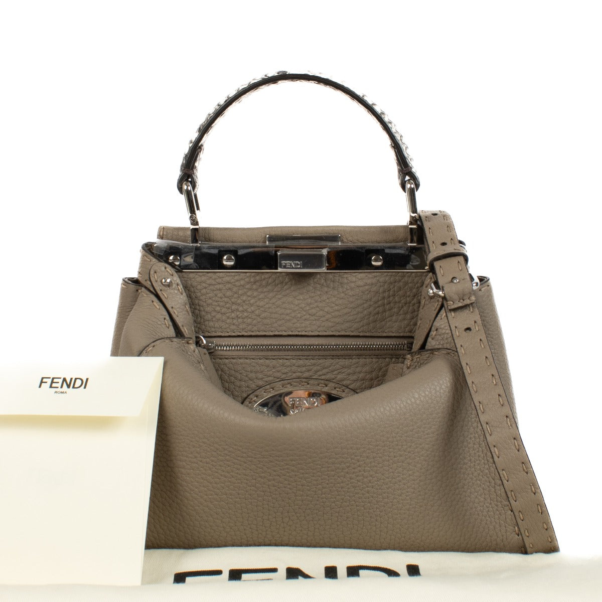 Shop 100% authentic Fendi Dove Grey Leather Selleria Peekaboo Mini Bag at Labellov.com.