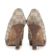 Gucci Canvas Monogram Peep Toe Wooden Heel Pumps - Size 37,5 100% authentic