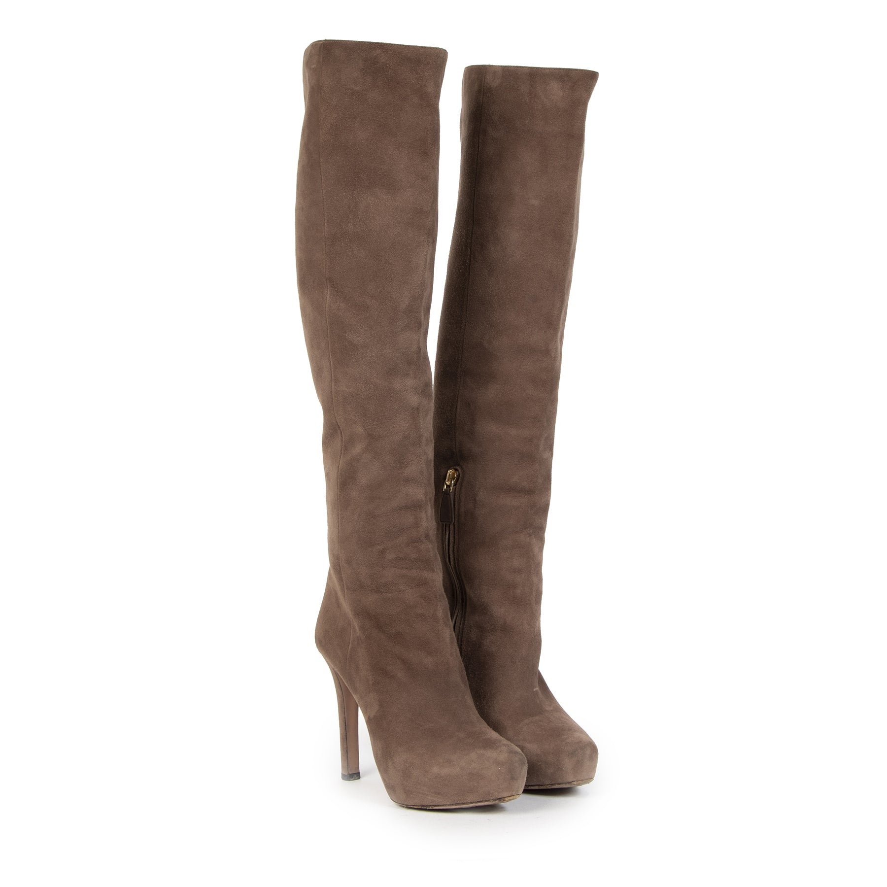 Authentic secondhand Prada Beige Suede Knee Boots - size 37,5 designer shoes boots high heels designer brands fashion luxury vintage webshop safe secure online shopping worldwide shipping delivery Antwerp Belgium