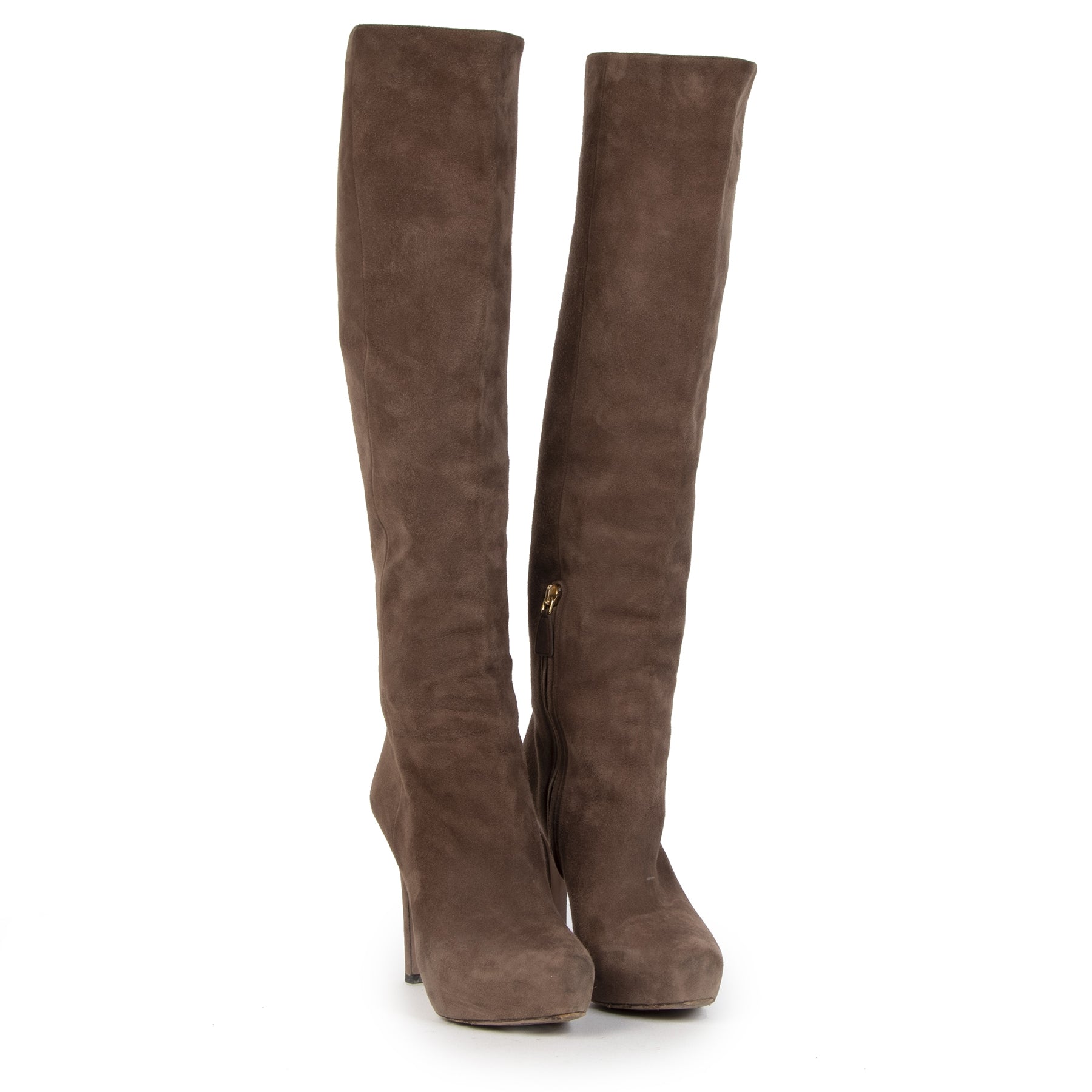 Authentieke Tweedehands Prada Beige Suede Knee Boots - size 37,5 juiste prijs veilig online shoppen luxe merken webshop winkelen Antwerpen België mode fashion