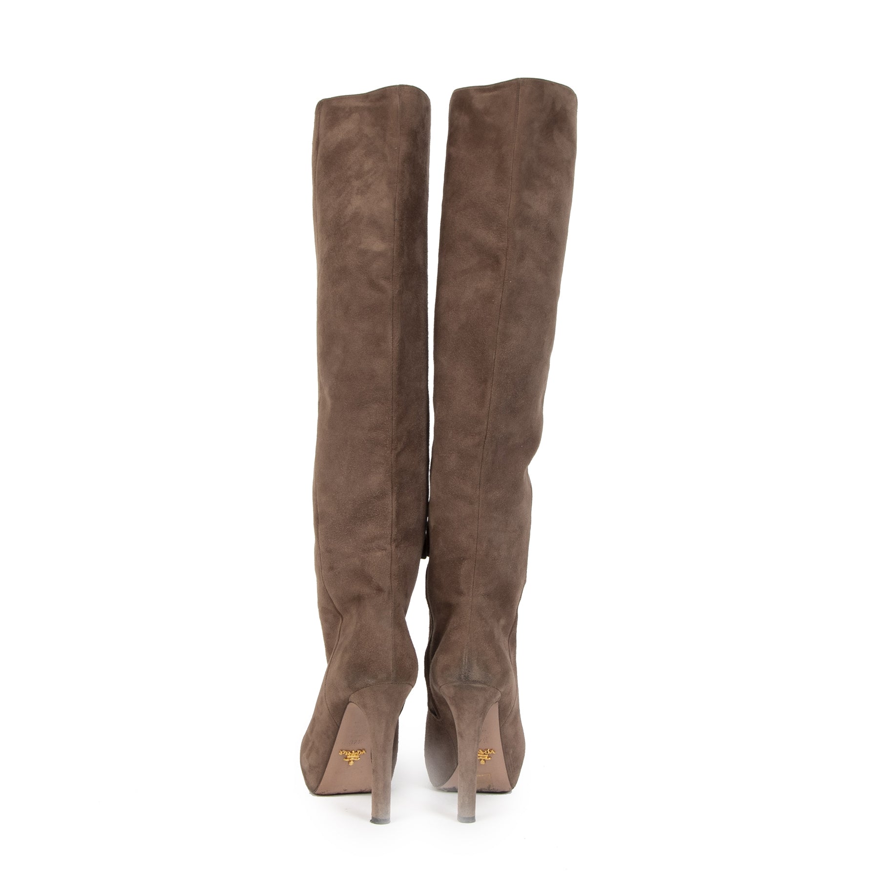 Authentic secondhand Prada Beige Suede Knee Boots - size 37,5 designer shoes boots high heels designer brands fashion luxury vintage webshop safe secure online shopping worldwide shipping delivery Antwerp Belgium
