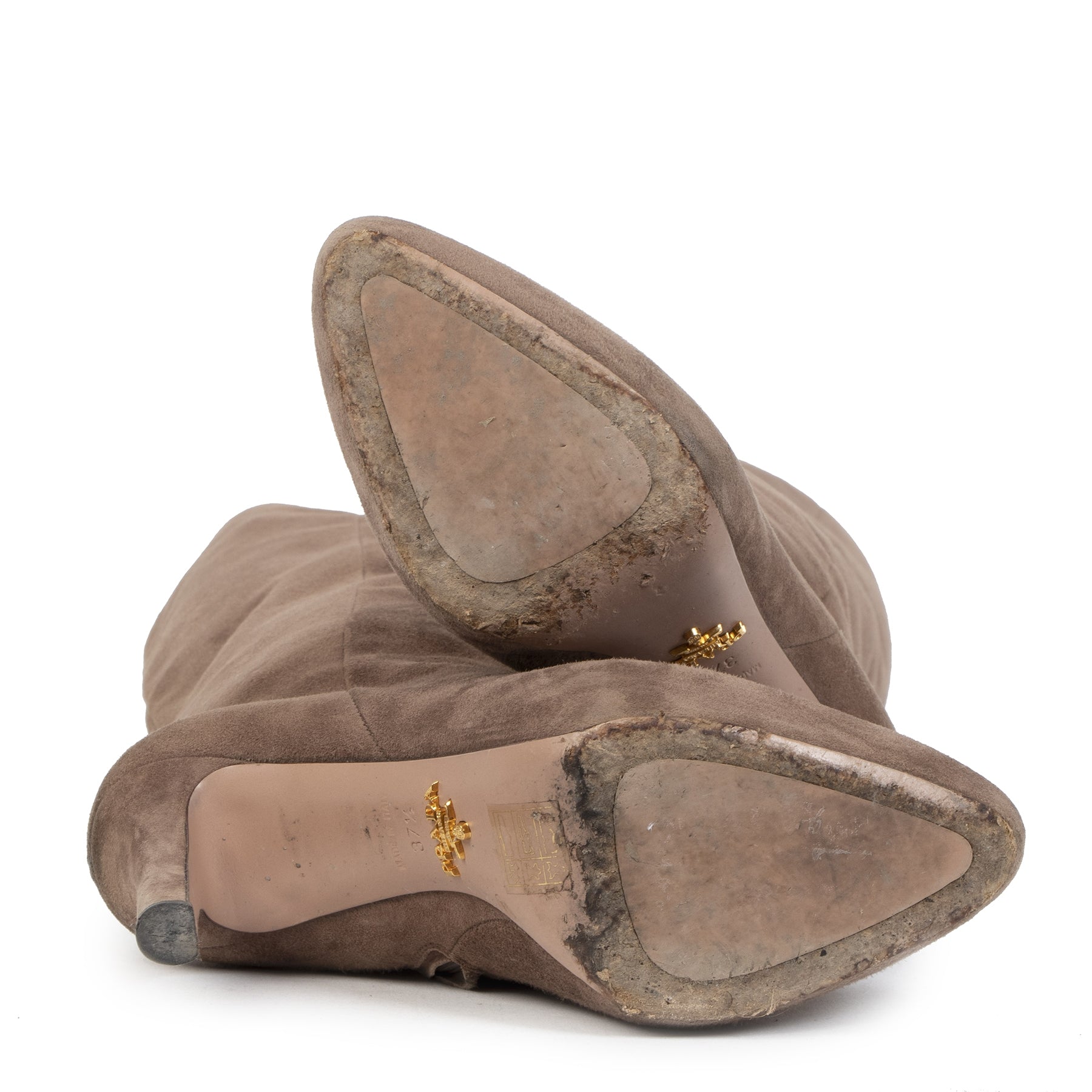 Authentic secondhand Prada Beige Suede Knee Boots - size 37,5 designer shoes boots high heels designer brands fashion luxury vintage webshop safe secure online shopping worldwide shipping delivery Antwerp Belgium