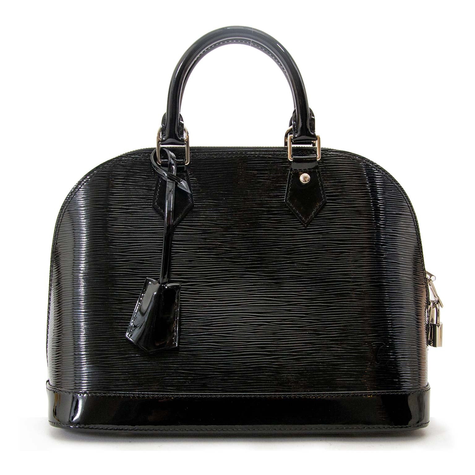 Louis Vuitton Electric Black Patent Epi Leather Alma now for sale at labellov vintage fashion webshop belgium