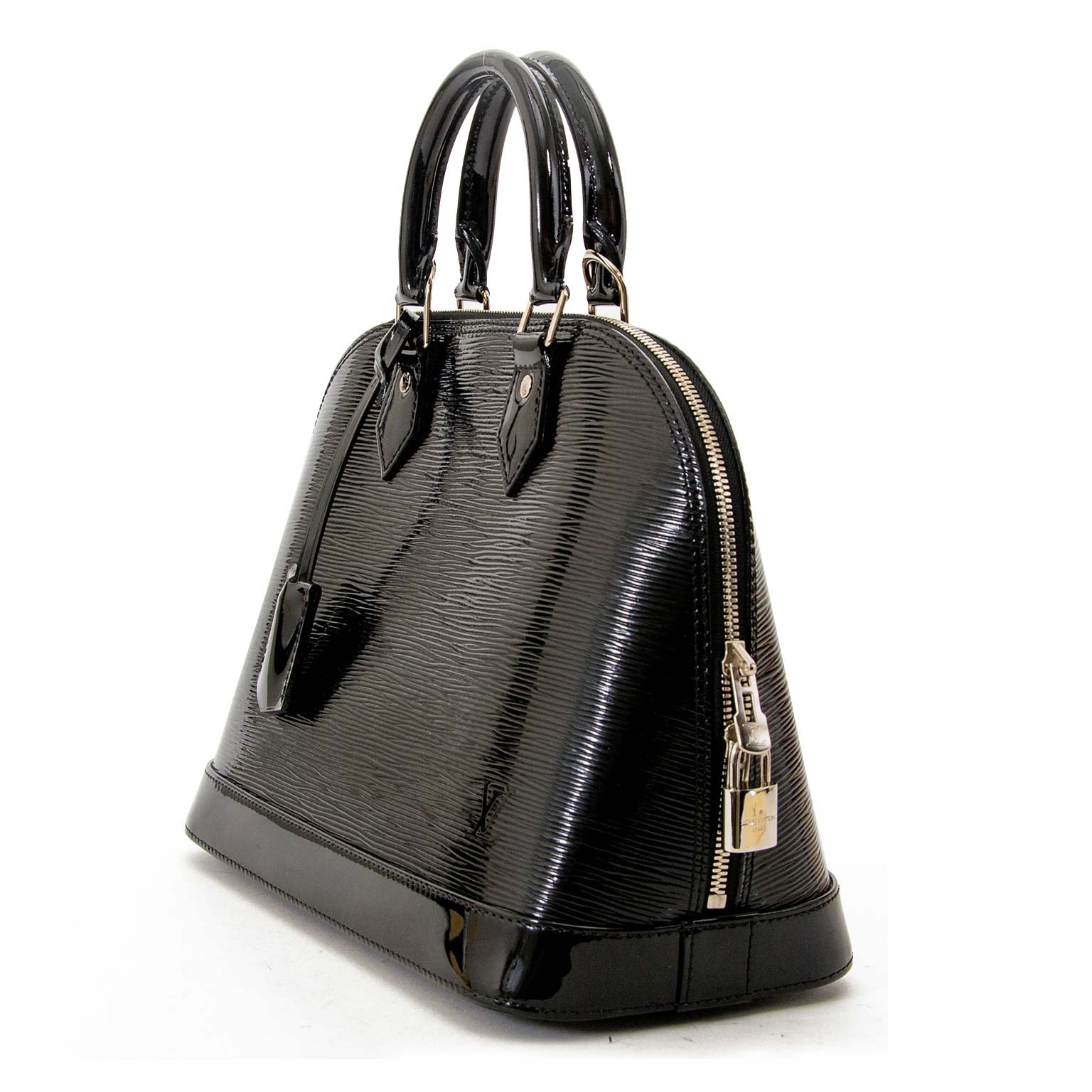 Louis Vuitton Electric Black Patent Epi Leather Alma now for sale at labellov vintage fashion webshop belgium