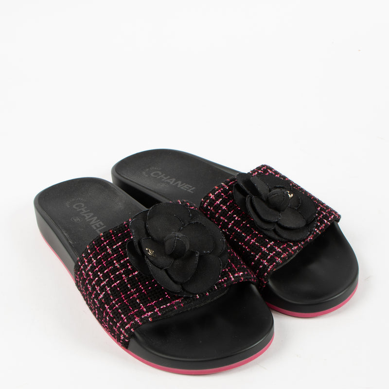 Shop the authentic Chanel 17S Black/Pink Tweed Slides on Labellov.com.
