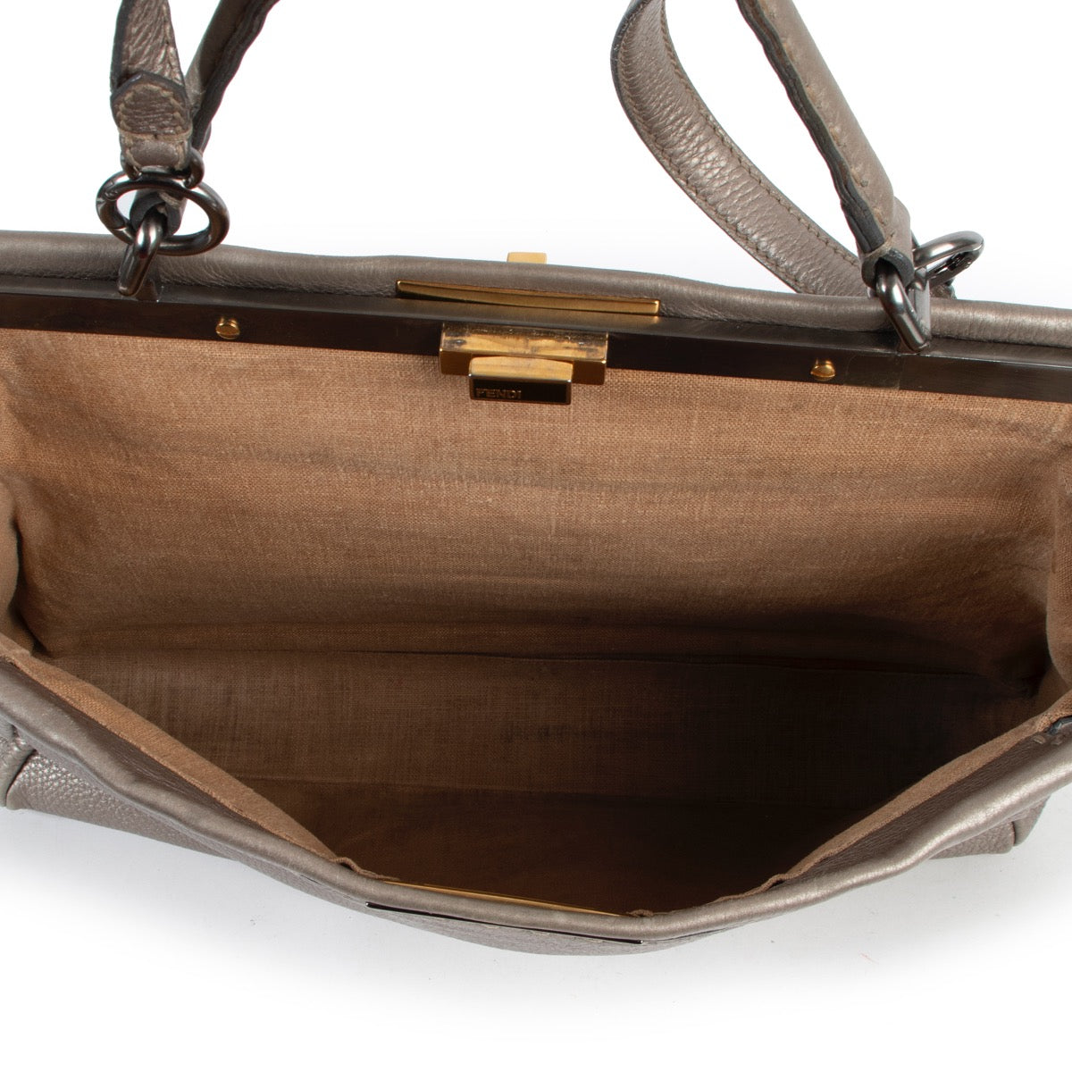 Shop safe online at Labellov in Antwerp this 100% authentic second hand Fendi Silver Metallic Large Peekaboo Shoulder Bag