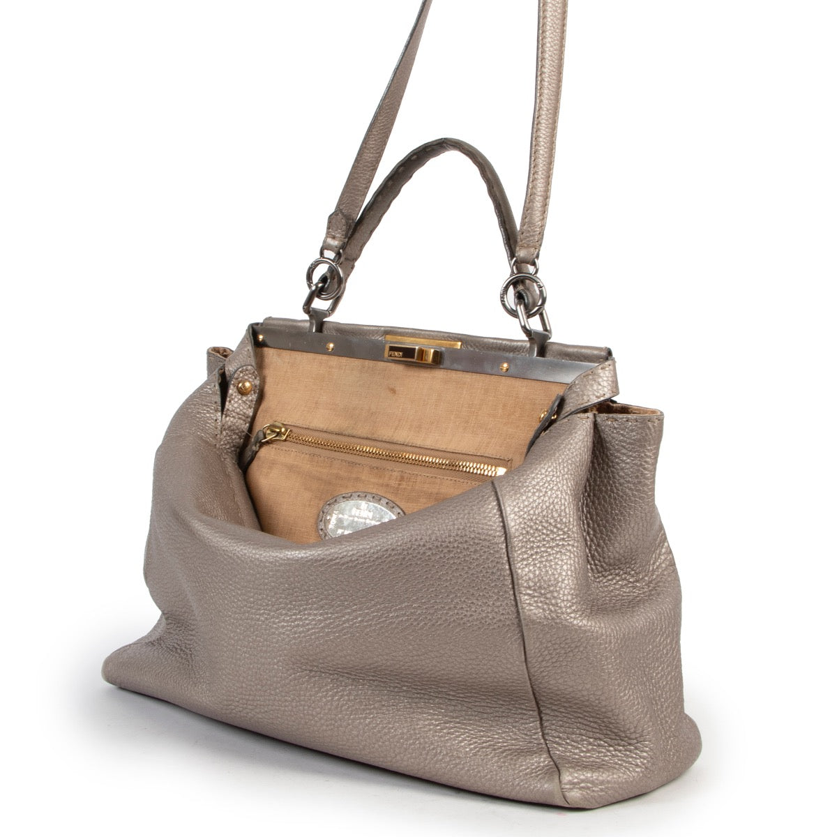 Shop safe online at Labellov in Antwerp this 100% authentic second hand Fendi Silver Metallic Large Peekaboo Shoulder Bag