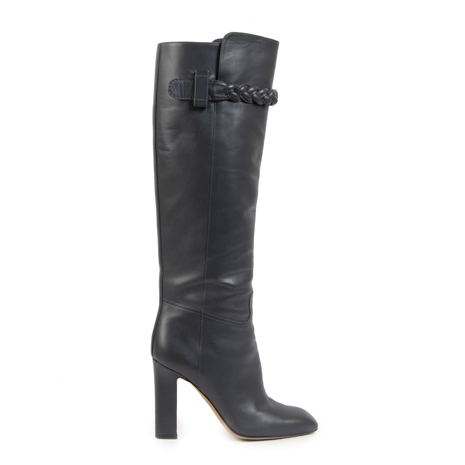 Authentieke Tweedehands Valentino Dark Grey Knee High Braided Boots - Size 38 juiste prijs veilig online shoppen luxe merken webshop winkelen Antwerpen België mode fashion