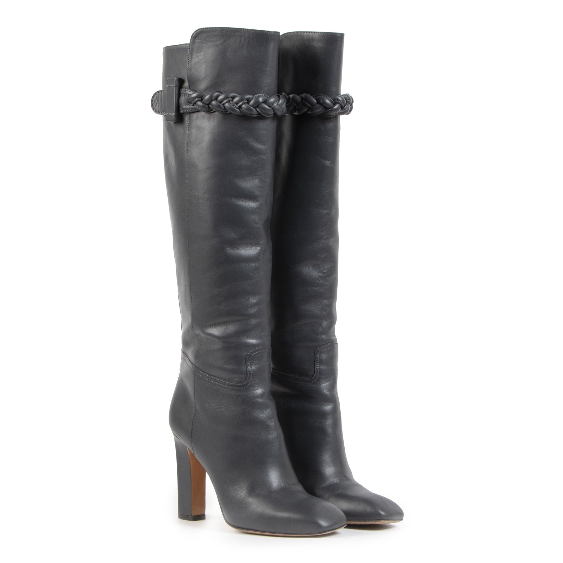 Authentieke Tweedehands Valentino Dark Grey Knee High Braided Boots - Size 38 juiste prijs veilig online shoppen luxe merken webshop winkelen Antwerpen België mode fashion