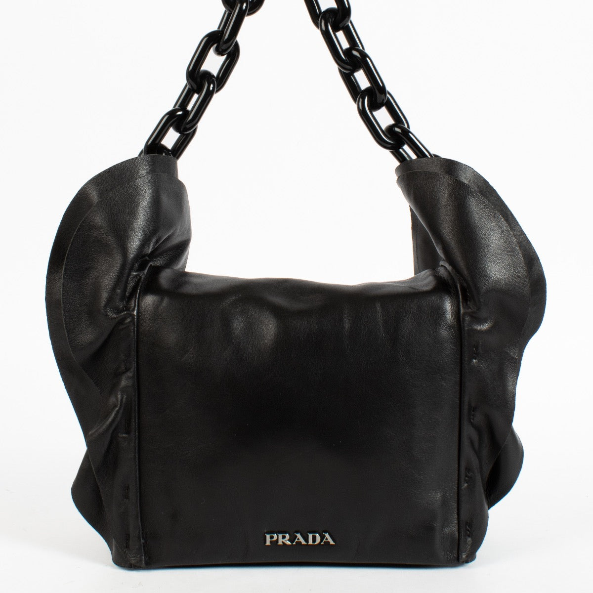Shop the authentic Prada Black Ruffle Plexi Chain Bag second hand on Labellov.com.