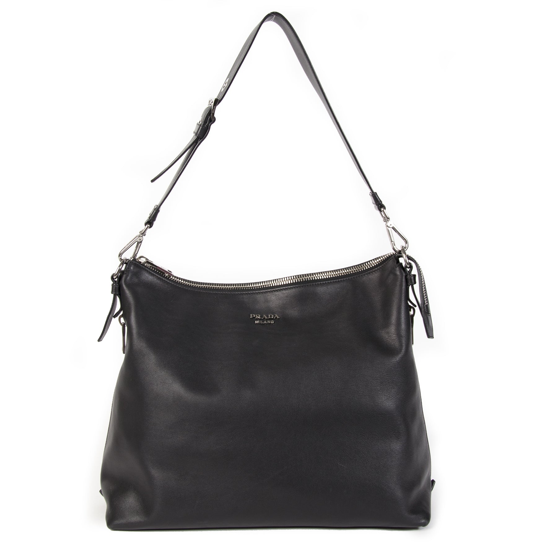 Authentieke tweedehands vintage Prada Black Zipper Shopper Bag koop online webshop LabelLOV