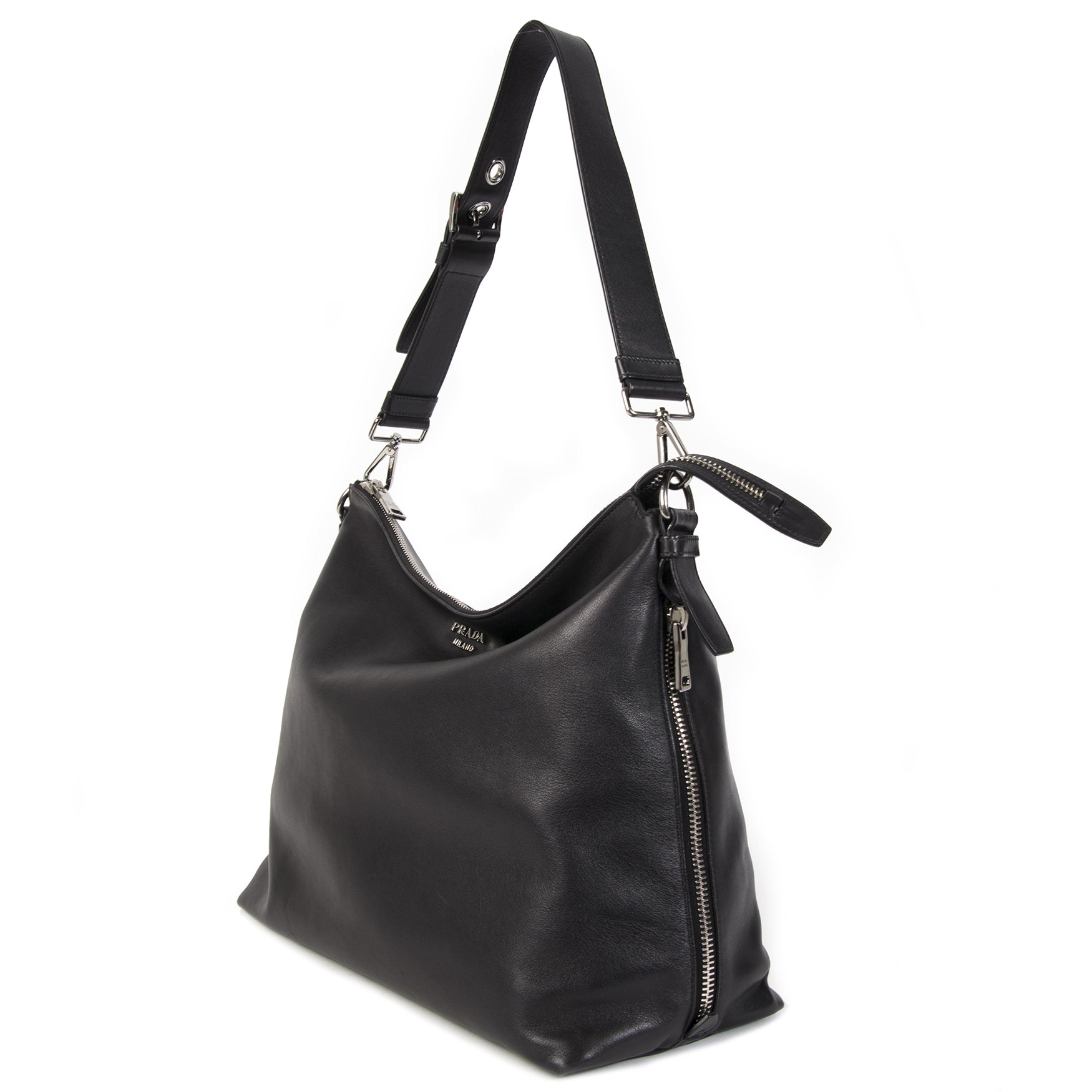 Authentieke tweedehands vintage Prada Black Zipper Shopper Bag koop online webshop LabelLOV