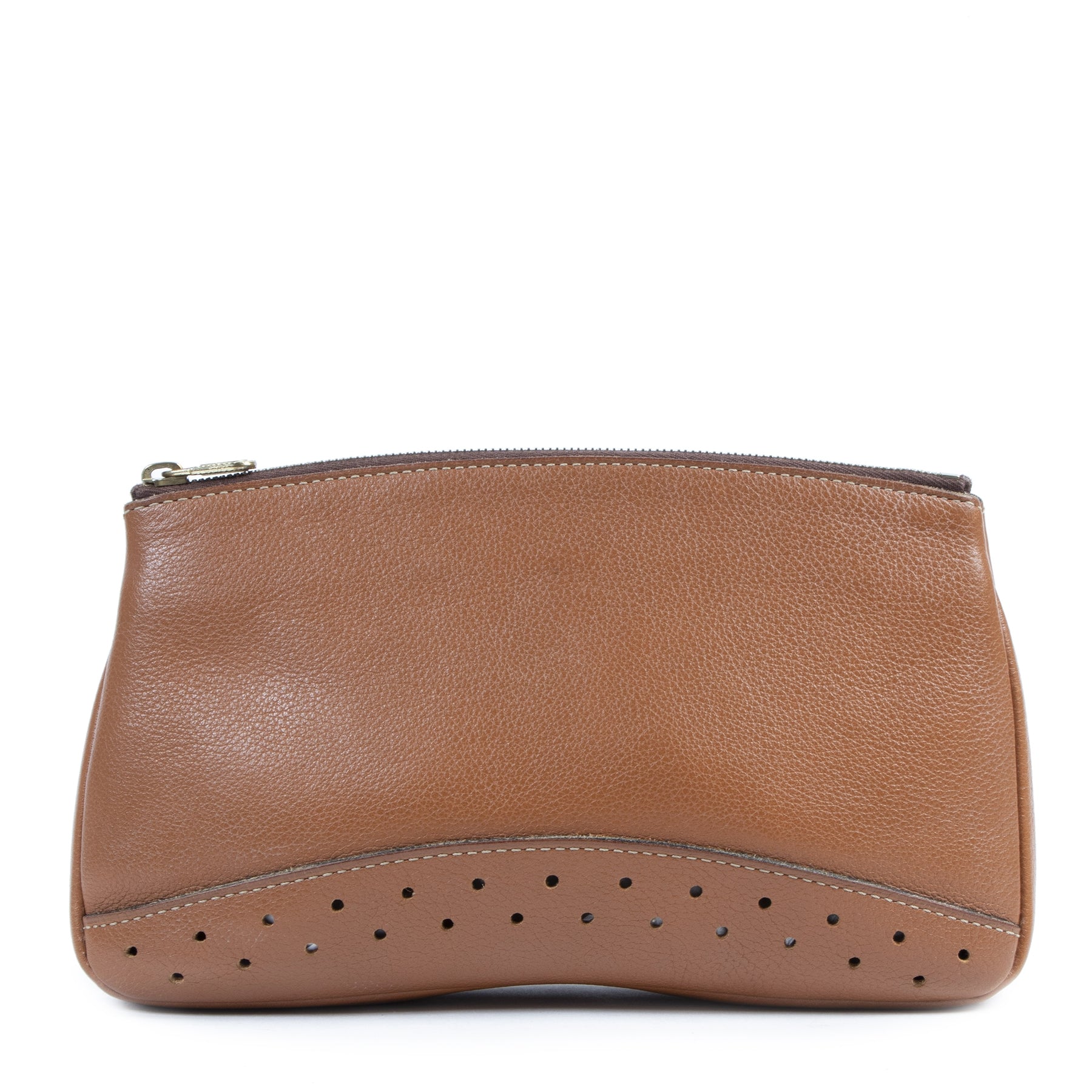 Authentic secondhand Delvaux Cognac Perforated Pouch designer bags fashion luxury vintage webshop safe secure online shopping designer high end brands