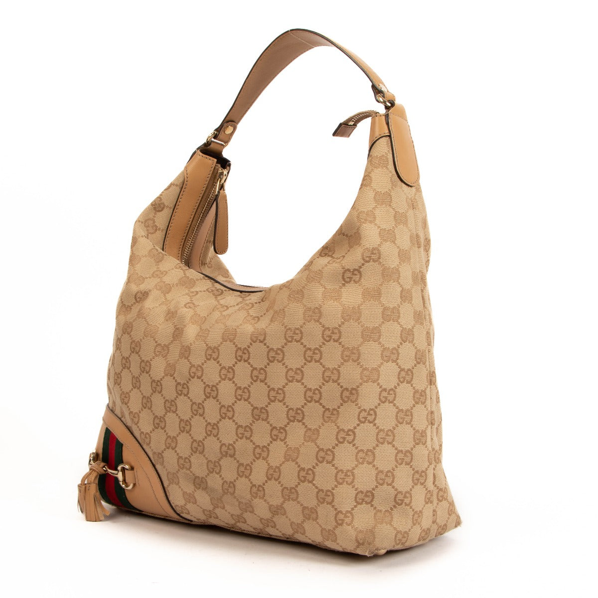 Gucci Beige GG Canvas Horsebit Tassel Medium Hobo Bag