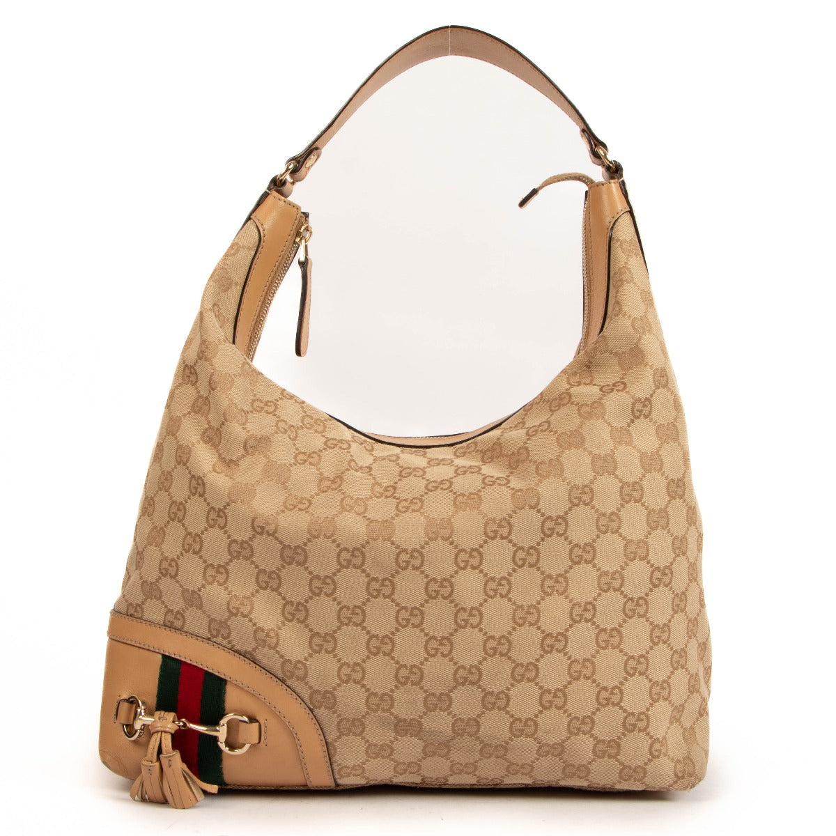 Gucci Beige GG Canvas Horsebit Tassel Medium Hobo Bag
